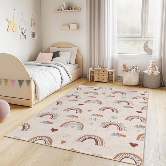 Rainbow Pattern Rectangular Kids Rug, Pastel Rainbow Nursery Carpet, Cute Playroom Rug, Soft Kids Room Decor, Children's Area Rug