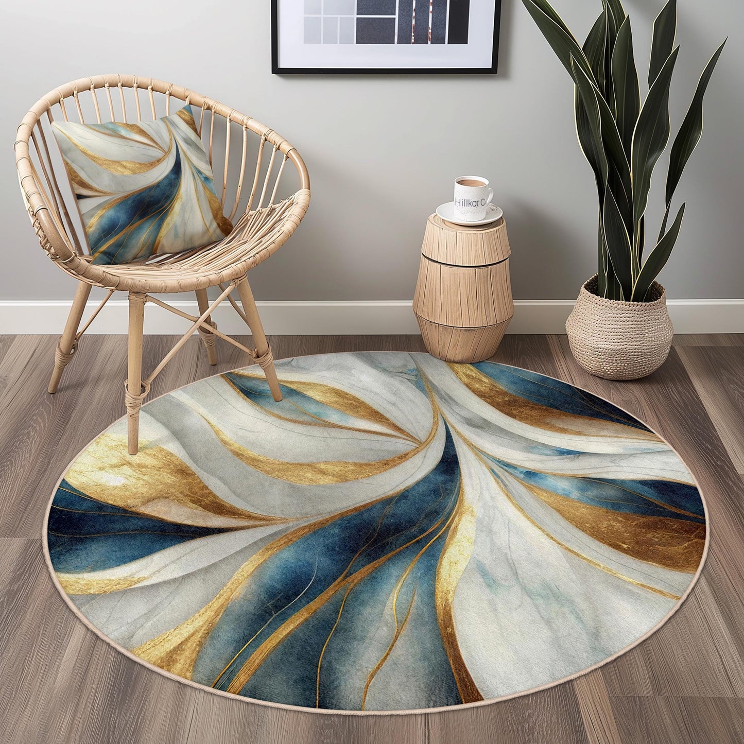 Eleganter runder Teppich in Blau und Gold, abstraktes Blumenmuster, moderne Wohnzimmerdekoration, schicker runder Teppich für Zuhause