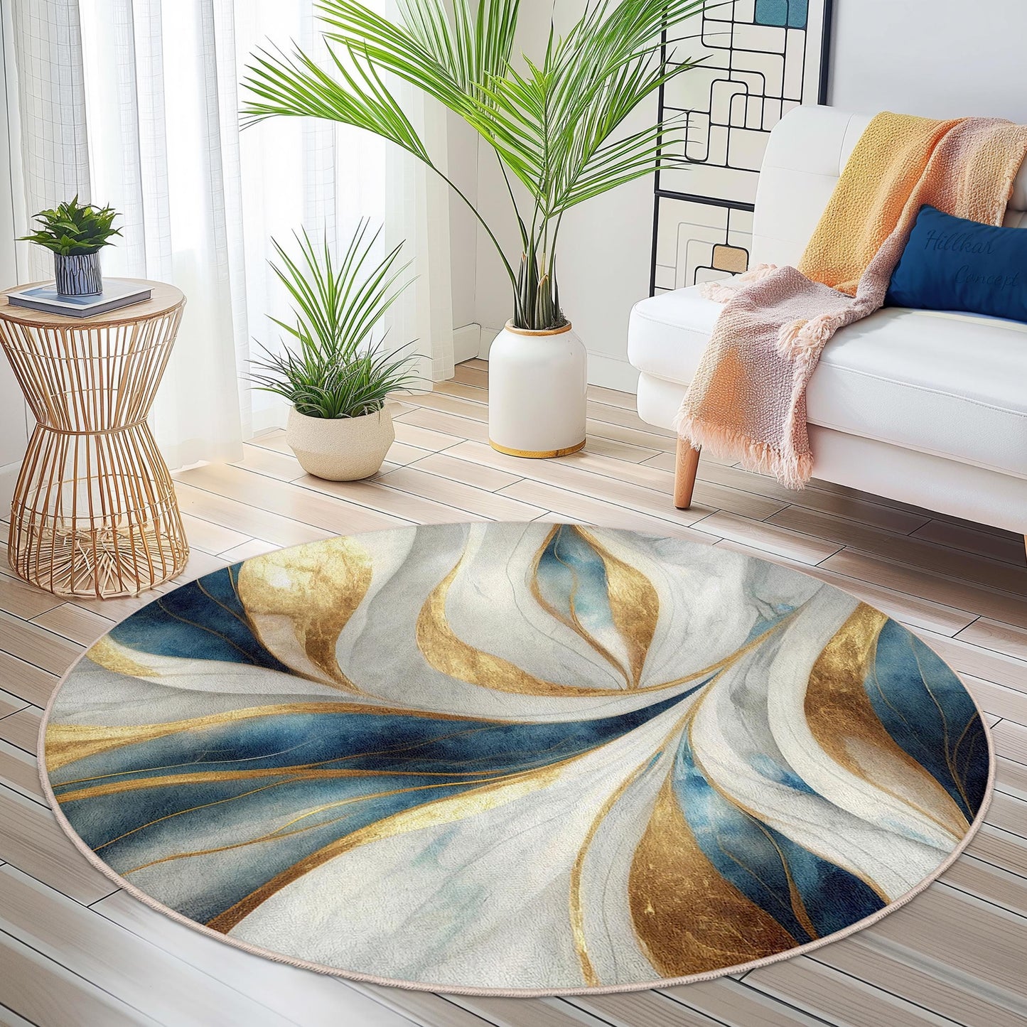 Eleganter runder Teppich in Blau und Gold, abstraktes Blumenmuster, moderne Wohnzimmerdekoration, schicker runder Teppich für Zuhause