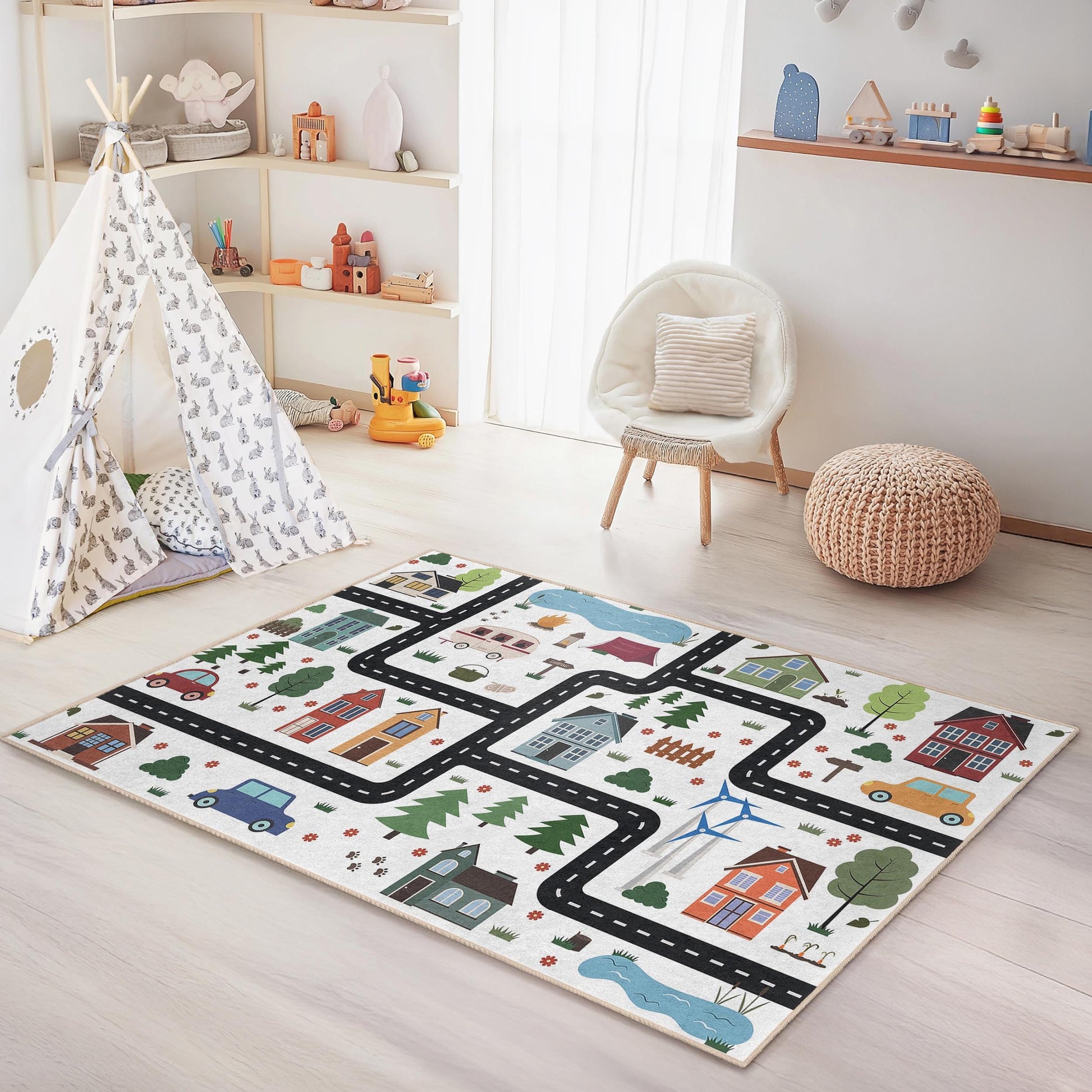 Colorful Road Map Kids Area Rug, Rectangular Playroom Carpet, Fun Childrens Rug, Nursery Decor, Interactive Play Mat