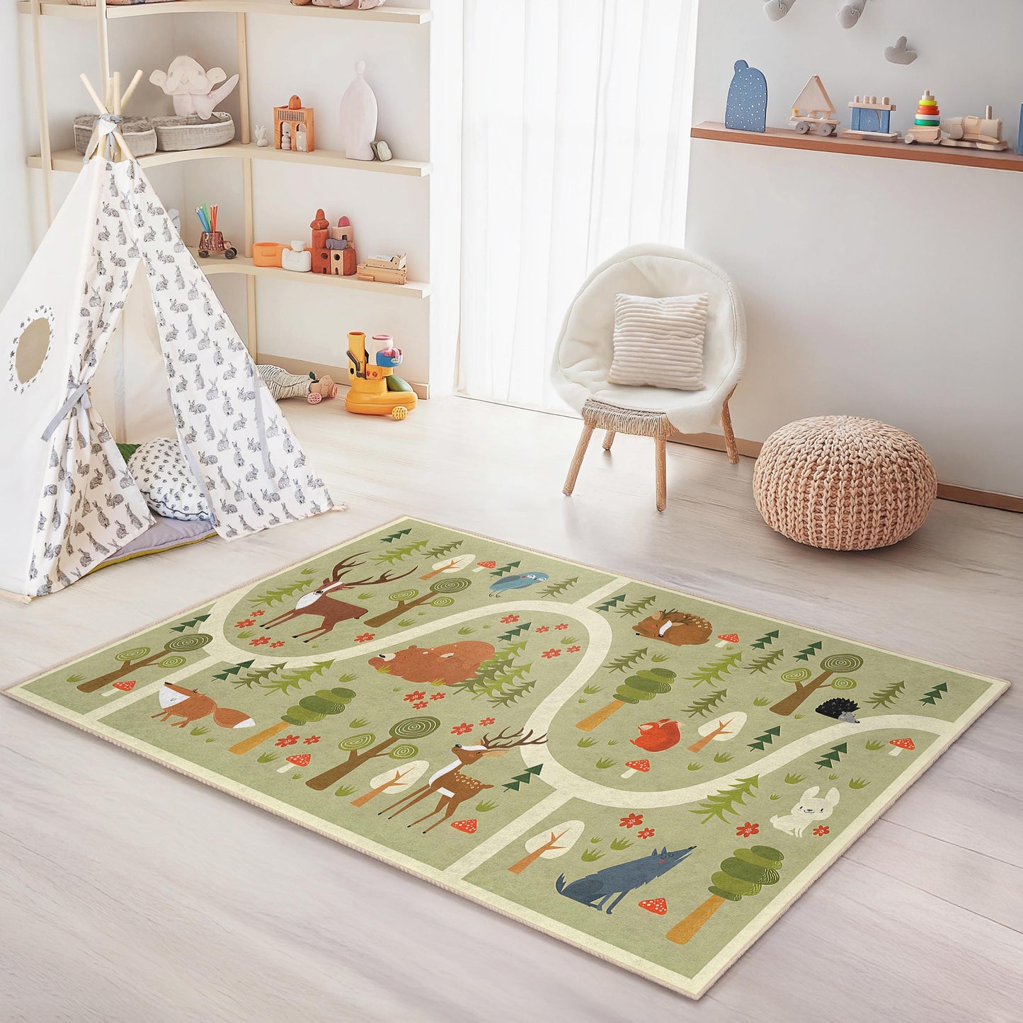 Waldabenteuer-Kinderteppich, rechteckiger Teppich mit Tiermotiven, Spielzimmerdeko, Kinderzimmerteppich, weiche Bodenmatte fürs Kinderzimmer