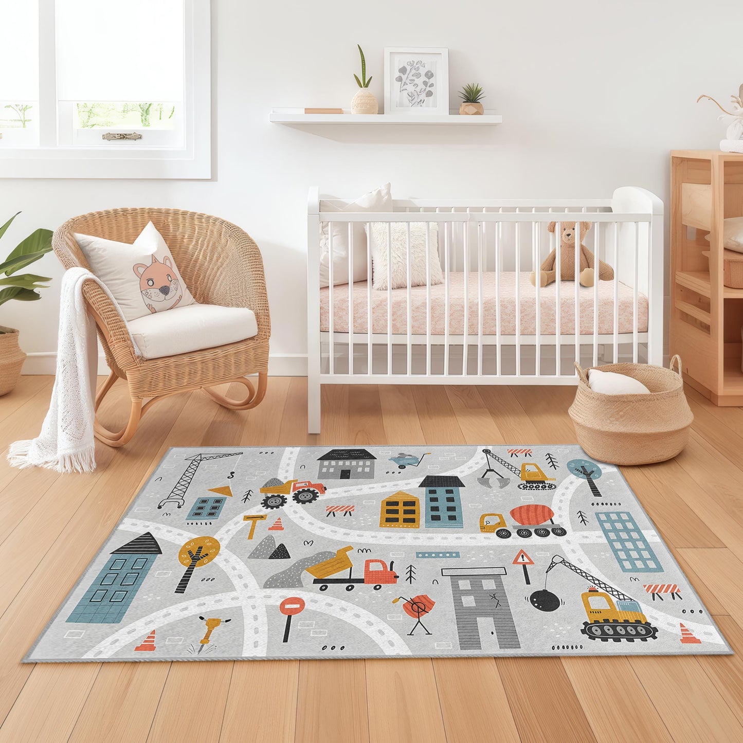 Construction Zone Rectangle Kids Rug, Colorful Building Trucks Carpet, Playroom Decor, Nursery Rug, Kids Room Mat