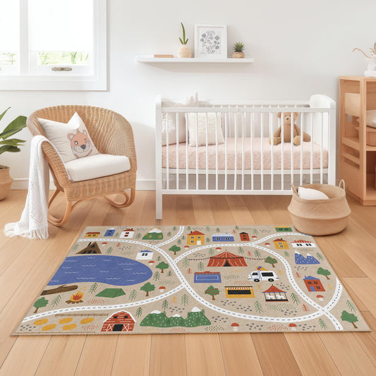 Colorful Road Map Rectangle Kids Rug, Playful Children's Carpet for Playroom, Soft Area Rug for Kids Room, Fun Nursery Decor