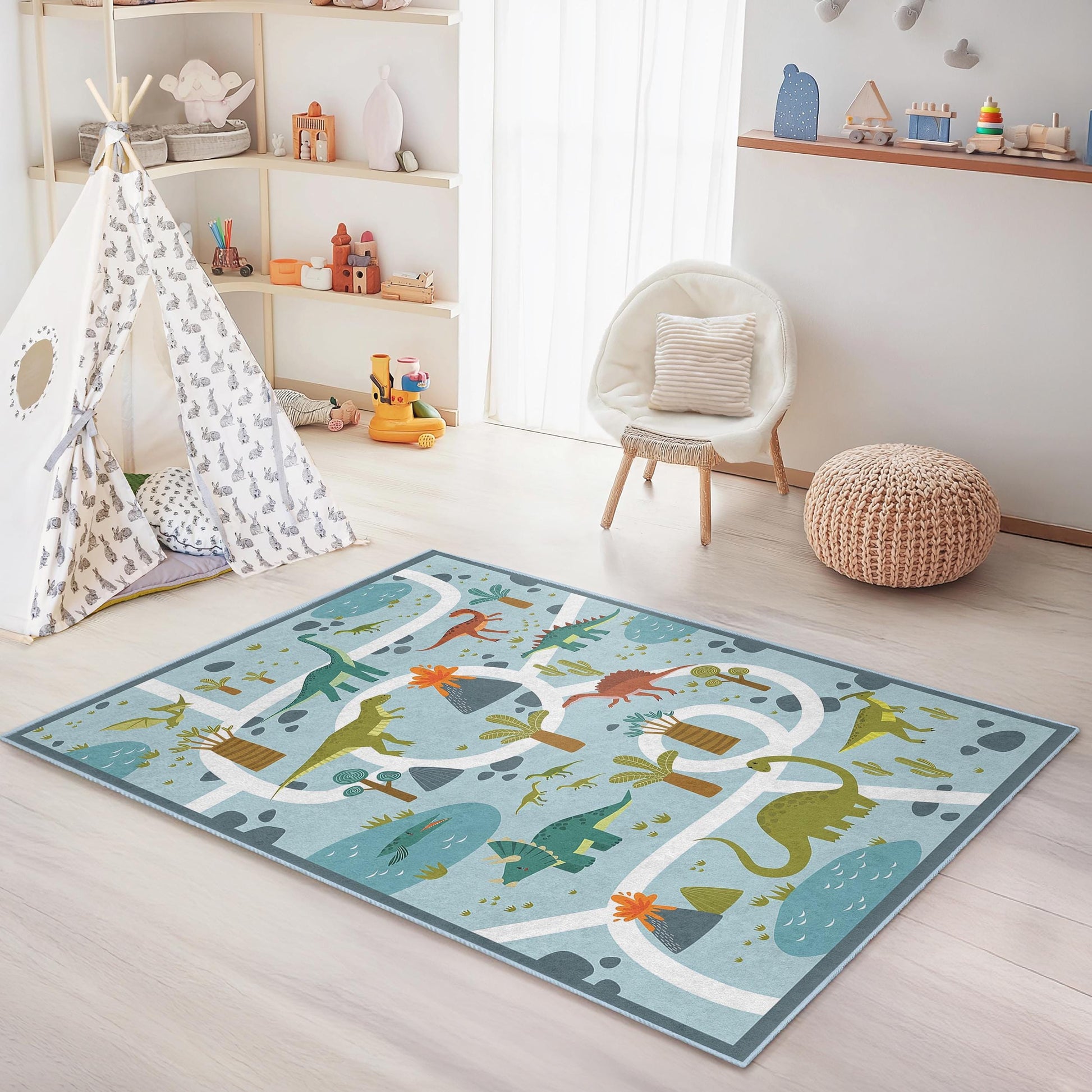 Dinosaur Adventure Kids Rug, Rectangular Playroom Carpet, Interactive Dinosaur Map Rug for Children's Room, Soft Nursery Decor