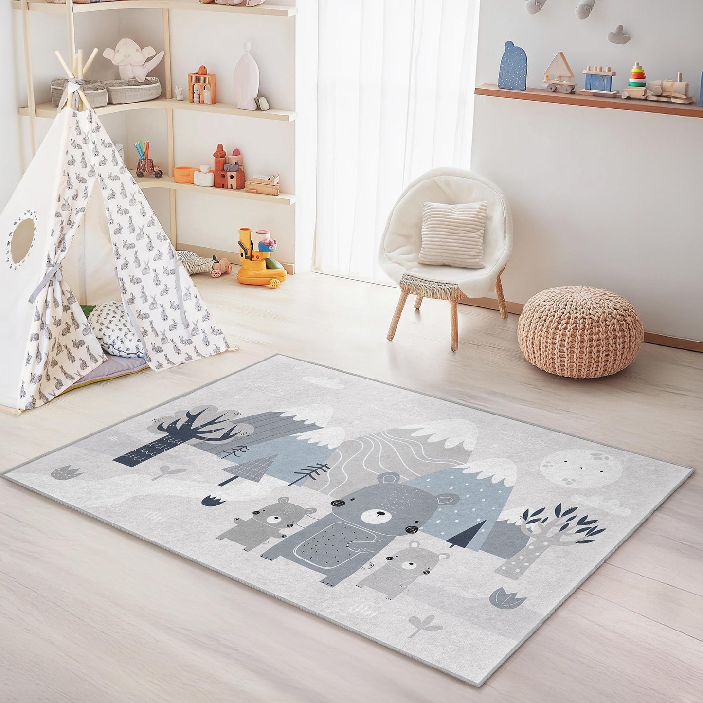 Cute Bear Family Rectangular Kids Rug, Animal Themed Nursery Rug, Cozy Playroom Carpet, Grey Kids Room Decor, Soft Bear Mat
