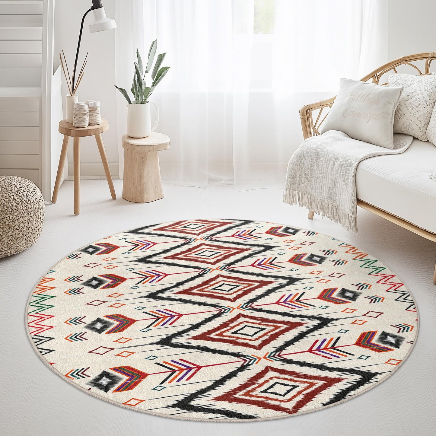 Runder Teppich mit geometrischem Pfeilmuster, Boho-Kreisteppich, Stilvolle Wohndekoration, Einzigartiger Wohnzimmerteppich, Weiche Bodenmatte