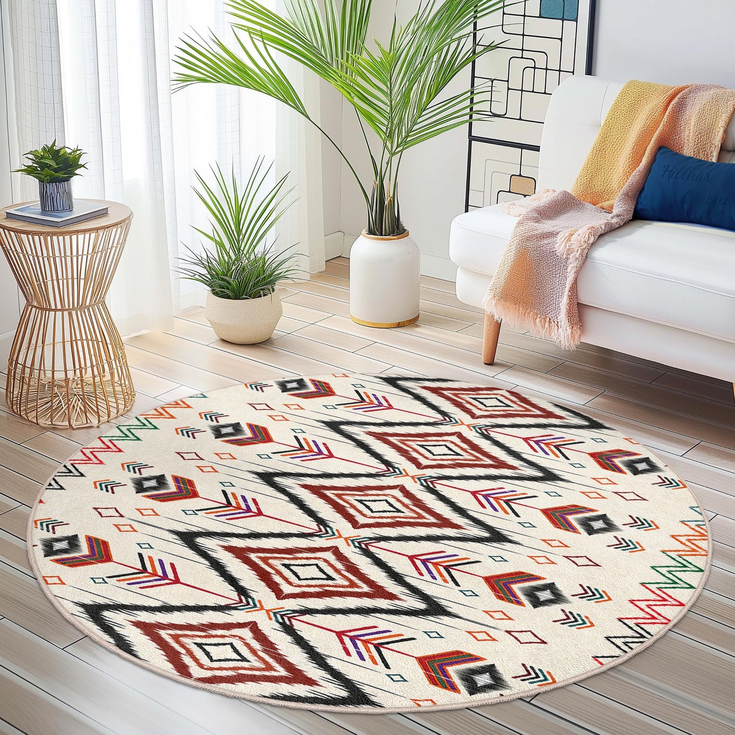 Runder Teppich mit geometrischem Pfeilmuster, Boho-Kreisteppich, Stilvolle Wohndekoration, Einzigartiger Wohnzimmerteppich, Weiche Bodenmatte