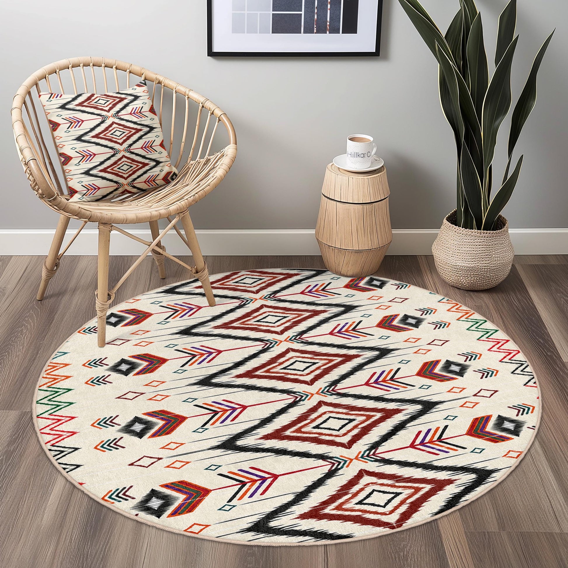 Geometric Arrow Pattern Round Area Rug, Bohemian Circle Rug, Stylish Home Decor, Unique Living Room Carpet, Soft Floor Mat