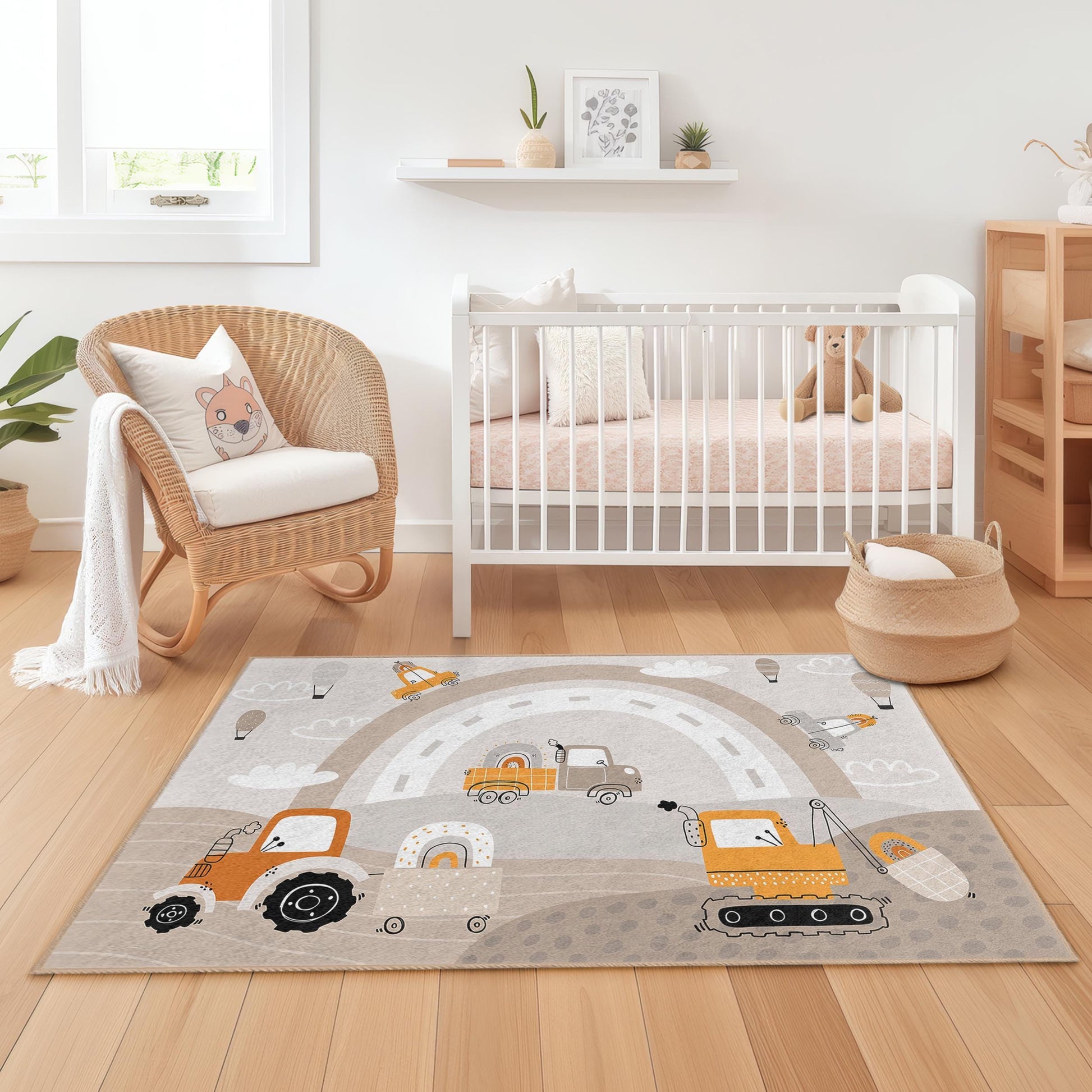 Construction Trucks Kids Rug, Fun Playroom Carpet, Rectangle Rug for Kids Room, Vehicle Theme Nursery Decor