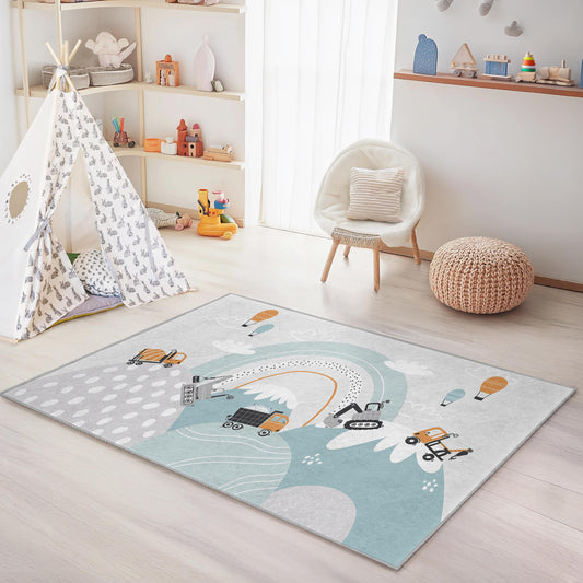 Construction Trucks Kids Rug, Playful Rectangular Rug for Childrens Room, Soft Nursery Decor, Fun Play Mat for Boys and Girls