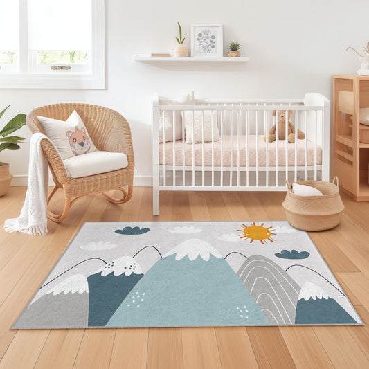 Mountain Adventure Kids Rug, Nature Theme Rectangular Rug, Playroom Decor, Nursery Rug, Kids Bedroom Carpet, Soft Play Mat