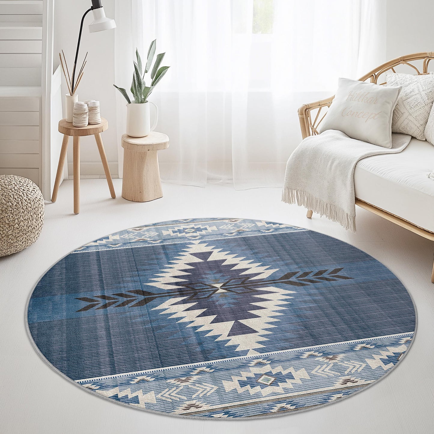 Geometrischer runder blauer Teppich, Teppich im Südwest-Stil, dekorativer runder Teppich für das Wohnzimmer, Boho-Chic-Wohndekoration