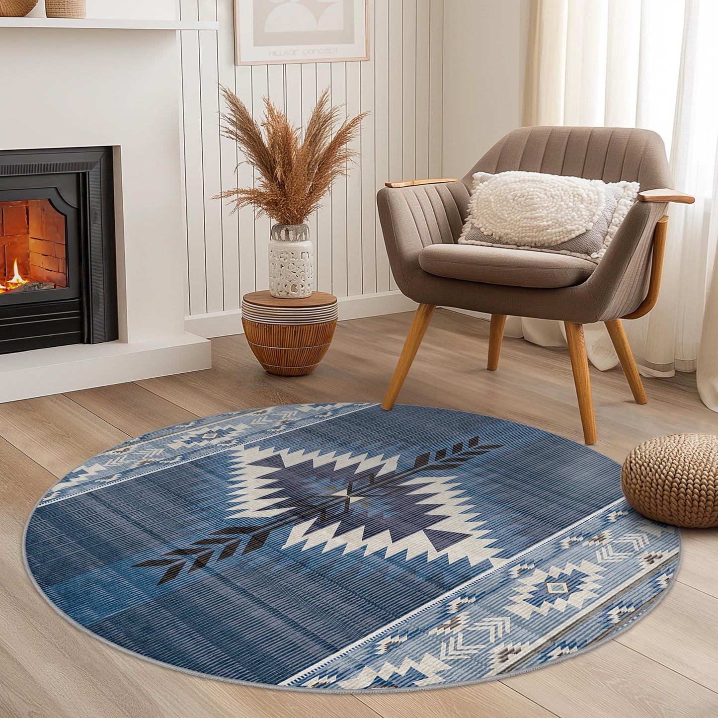 Geometrischer runder blauer Teppich, Teppich im Südwest-Stil, dekorativer runder Teppich für das Wohnzimmer, Boho-Chic-Wohndekoration
