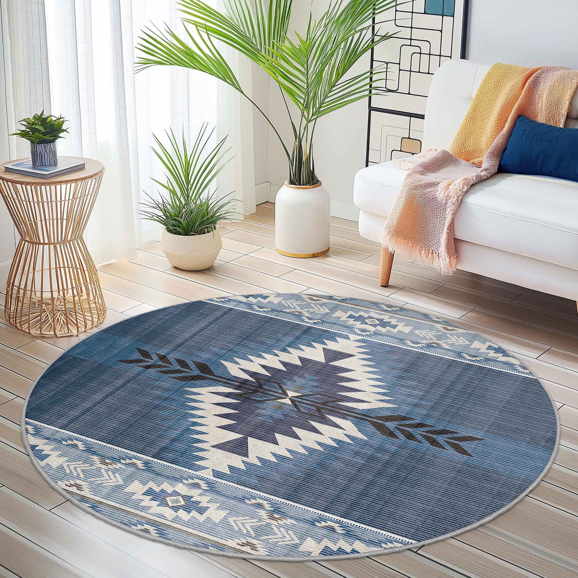 Geometric Blue Round Area Rug, Southwestern Style Carpet, Decorative Round Rug for Living Room, Boho Chic Home Decor