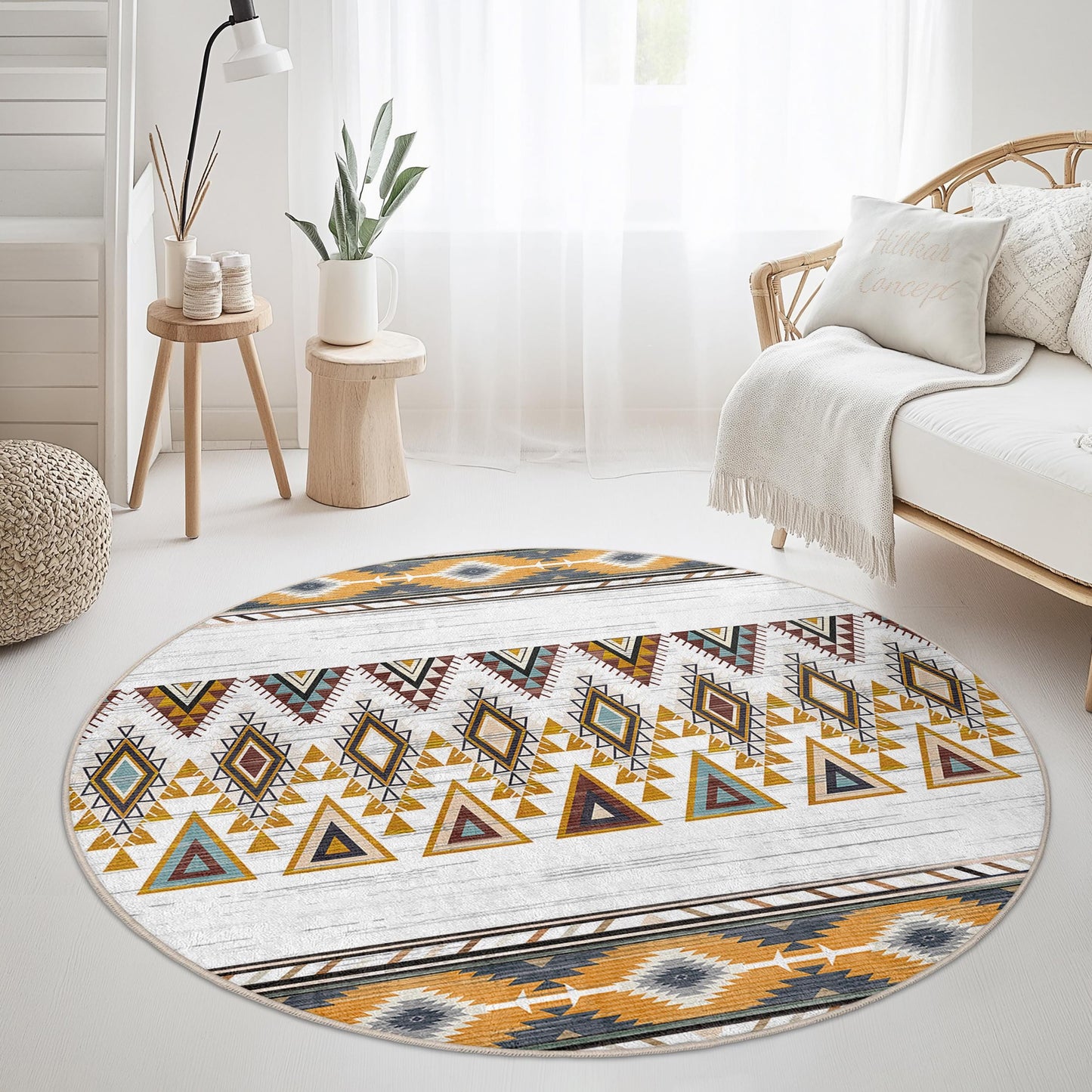 Runder Teppich mit geometrischem Muster, runder Teppich im Boho-Stil, Wohnzimmerdekoration, weicher runder Teppich, Teppich im Ethno-Design für Kinder