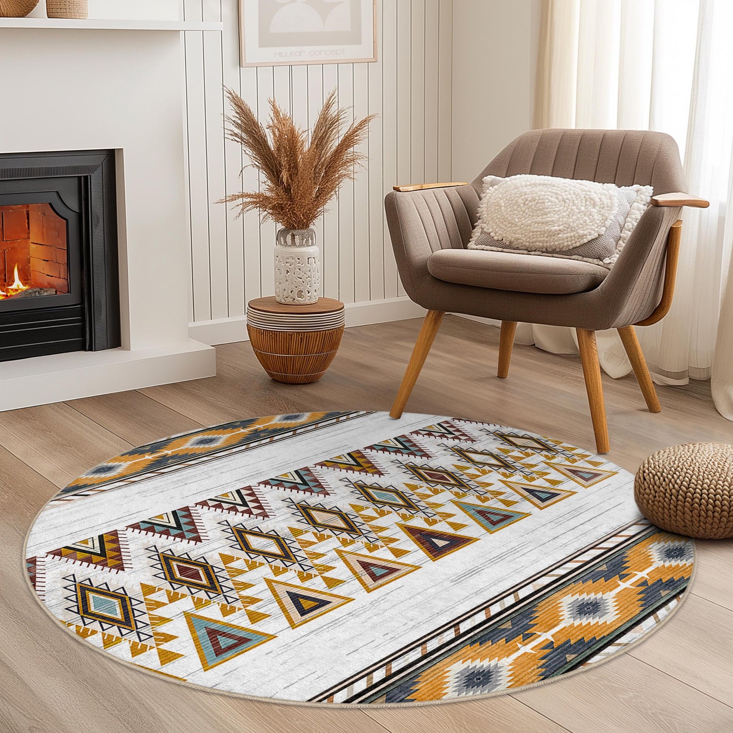 Runder Teppich mit geometrischem Muster, runder Teppich im Boho-Stil, Wohnzimmerdekoration, weicher runder Teppich, Teppich im Ethno-Design für Kinder