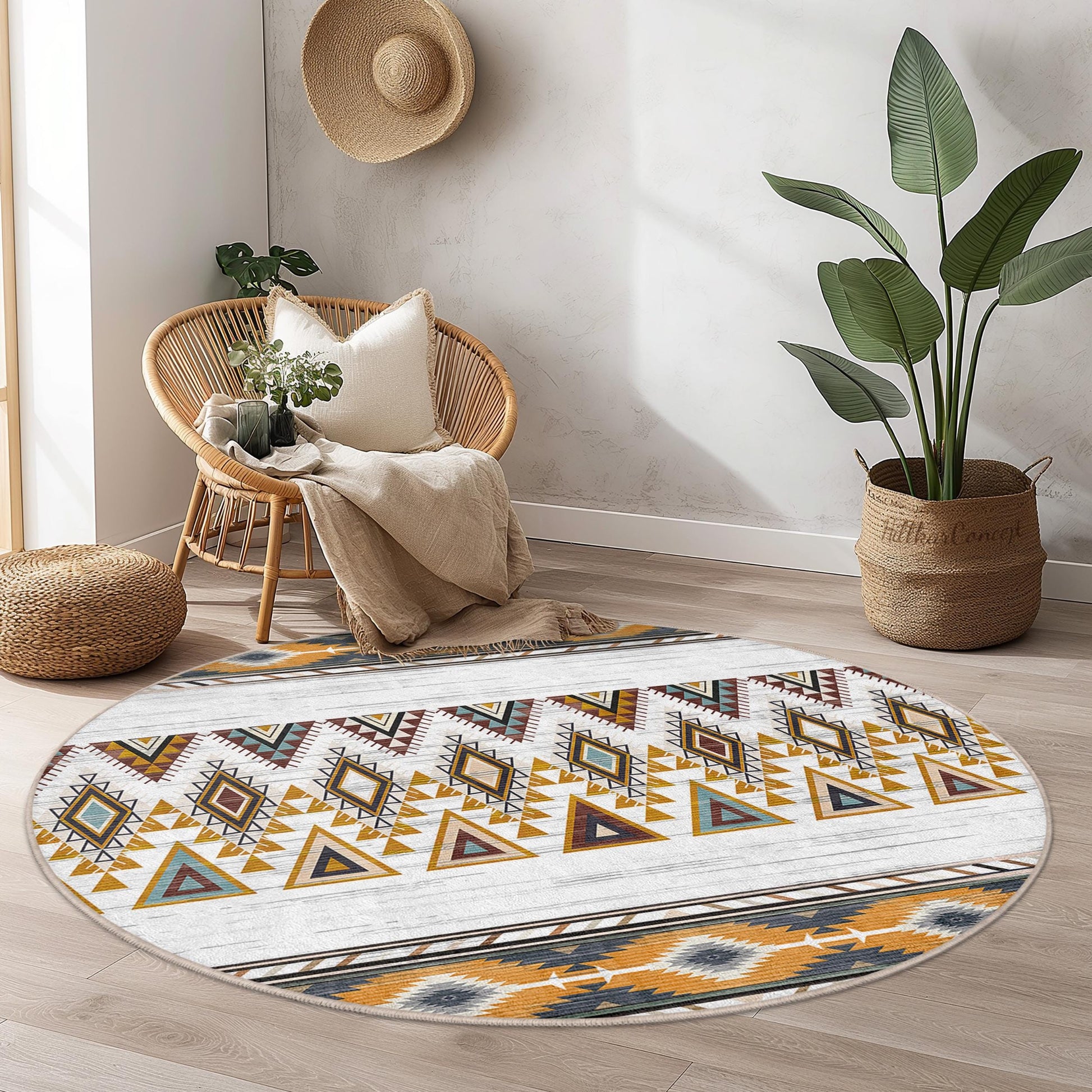 Geometric Pattern Round Area Rug, Boho Style Round Rug, Living Room Decor, Soft Circular Carpet, Tribal Design Rug for Kids