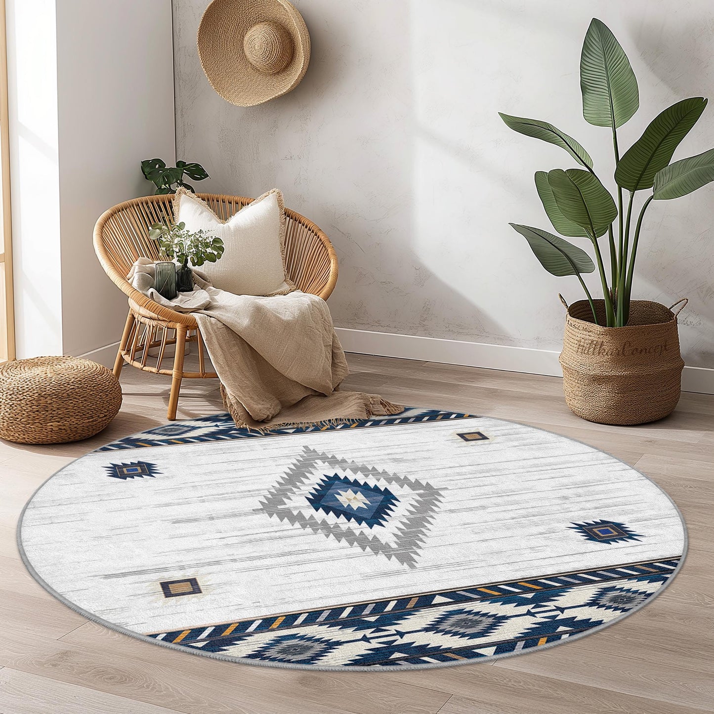 Runder Teppich mit geometrischem Muster, Teppich im Bohème-Stil, weicher runder Teppich für Wohnzimmer, Schlafzimmer, moderne Wohndekoration