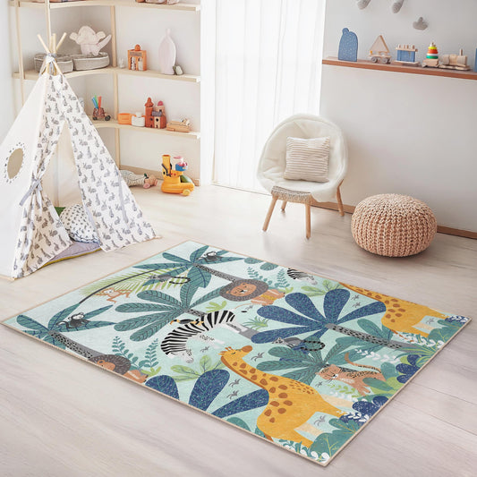 Jungle Safari Kids Area Rug, Animal Print Rectangular Rug for Nursery, Playroom Decor, Soft Carpet for Children