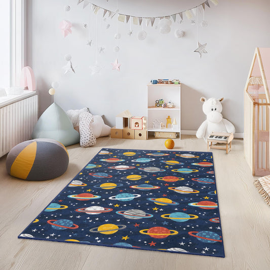 Colorful Planet Design Kids Rug, Fun Space Theme Rectangular Carpet for Childrens Room, Playroom Decor, Nursery Rug