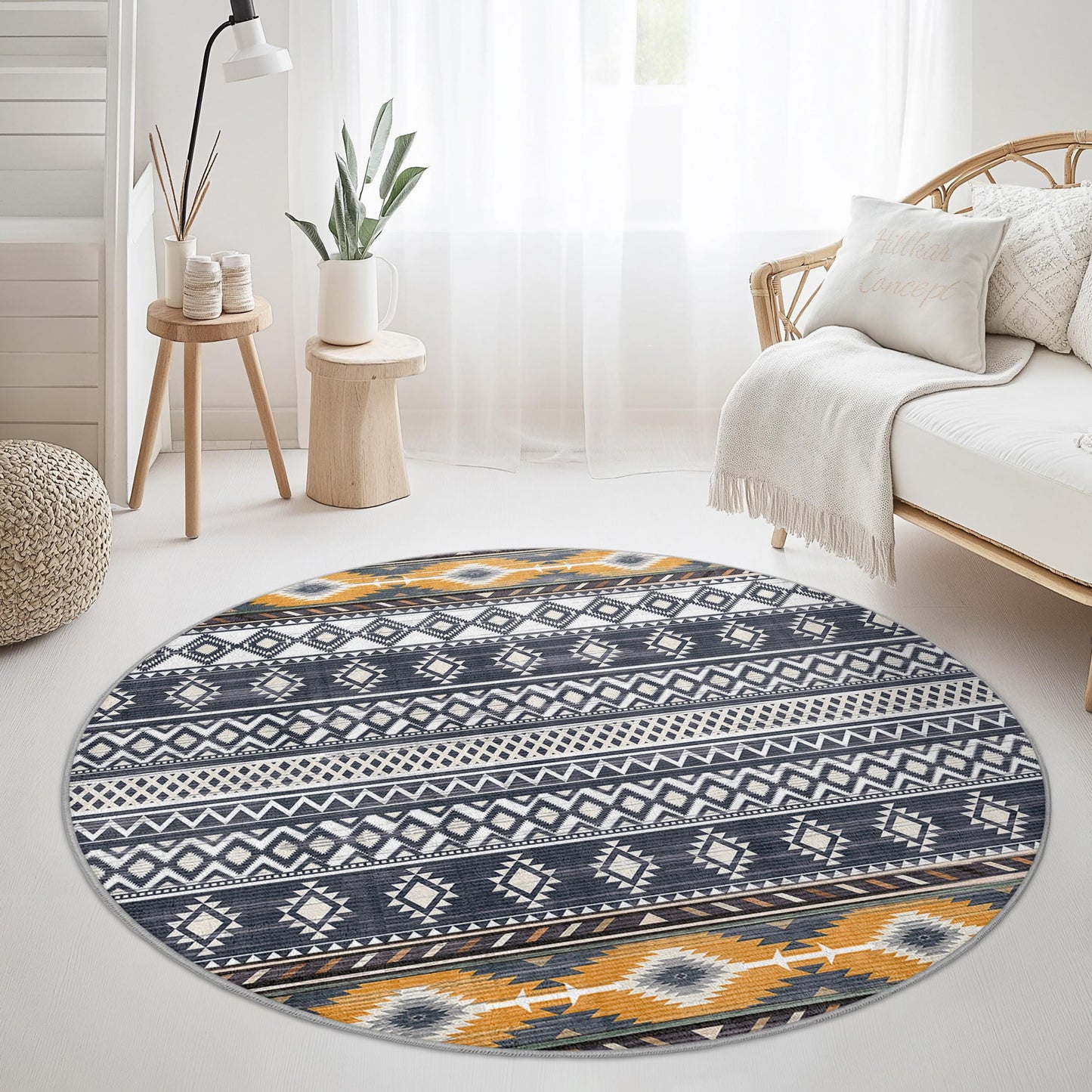 Runder Teppich mit geometrischem Muster, moderner Boho-Kreisteppich, wohnliches Wohnzimmerdekor, stilvolles Wohnaccessoire, einzigartiger runder Teppich