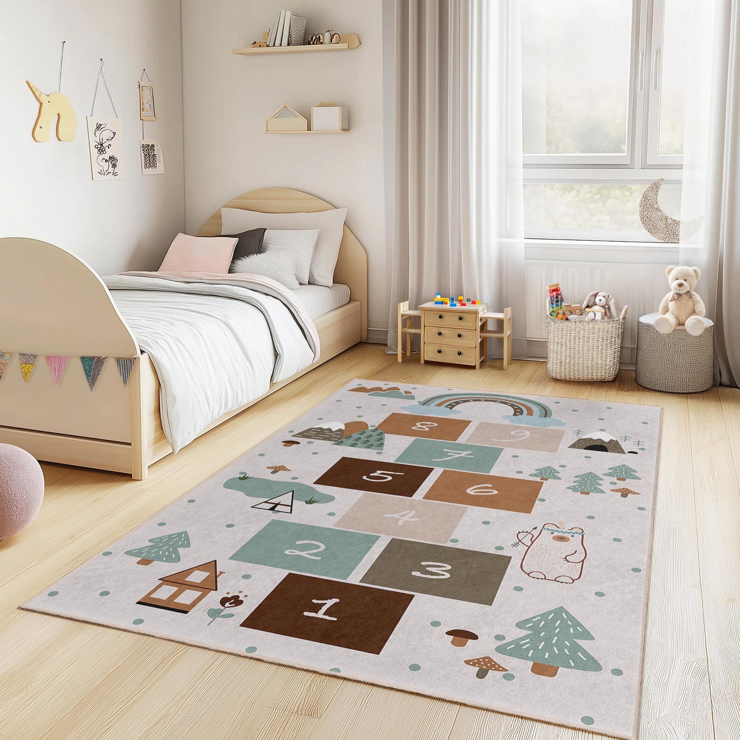 Whimsical Woodland Hopscotch Rug, Kids Room Decorative Carpet, Playroom Area Rug, Soft Rectangular Mat for Children