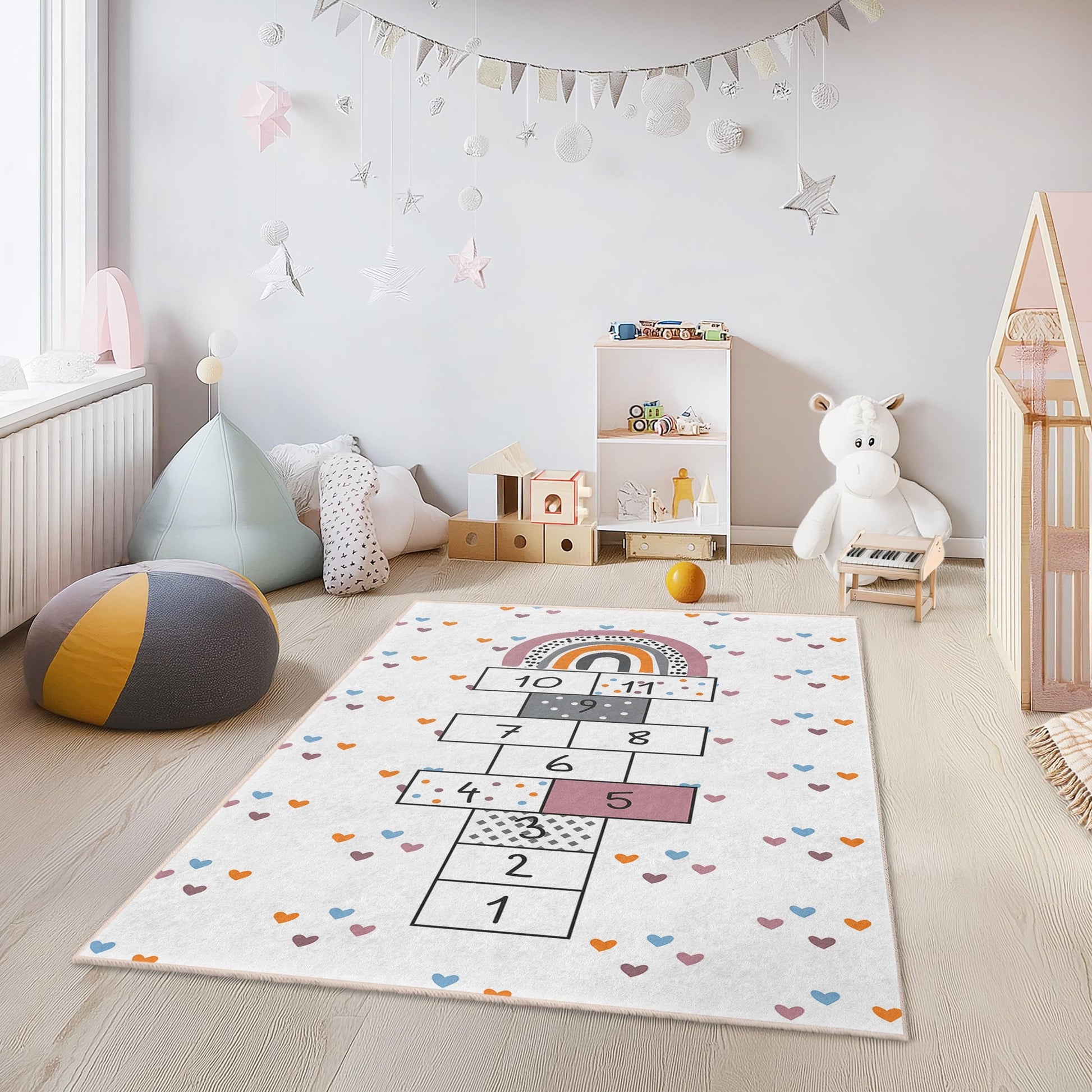 Rainbow Hopscotch Play Rug, Kids Room Carpet, Rectangular Play Mat, Soft Touch Nursery Rug, Fun Learning Decor