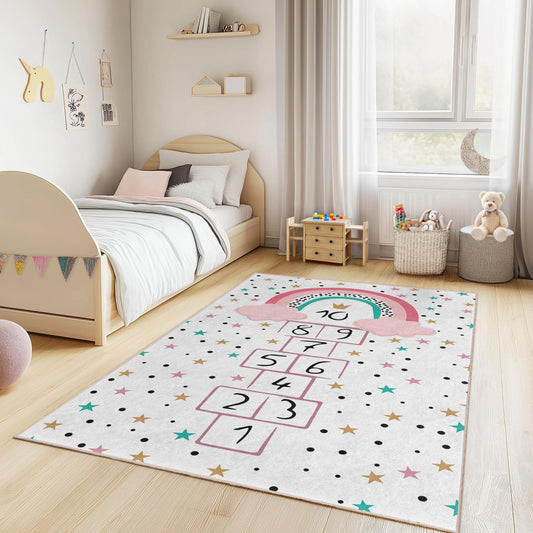 Rainbow Hopscotch Kids Rug, Colorful Play Mat for Kids Room, Fun Nursery Decor, Rectangle Kids Carpet, Interactive Floor Mat