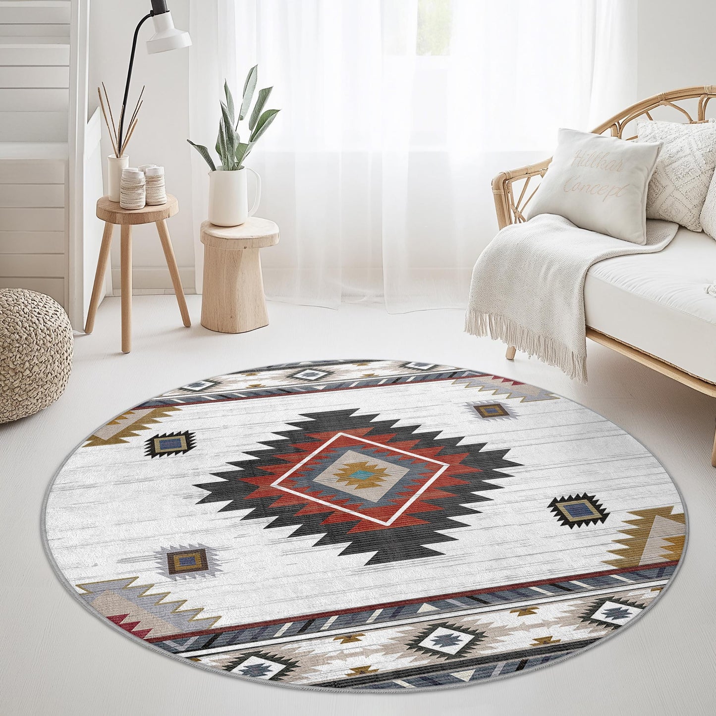 Geometrischer runder Boho-Teppich, moderner runder Teppich, stilvoller Wohnzimmerteppich, Schlafzimmerdeko, einzigartiger runder Teppich für Zuhause
