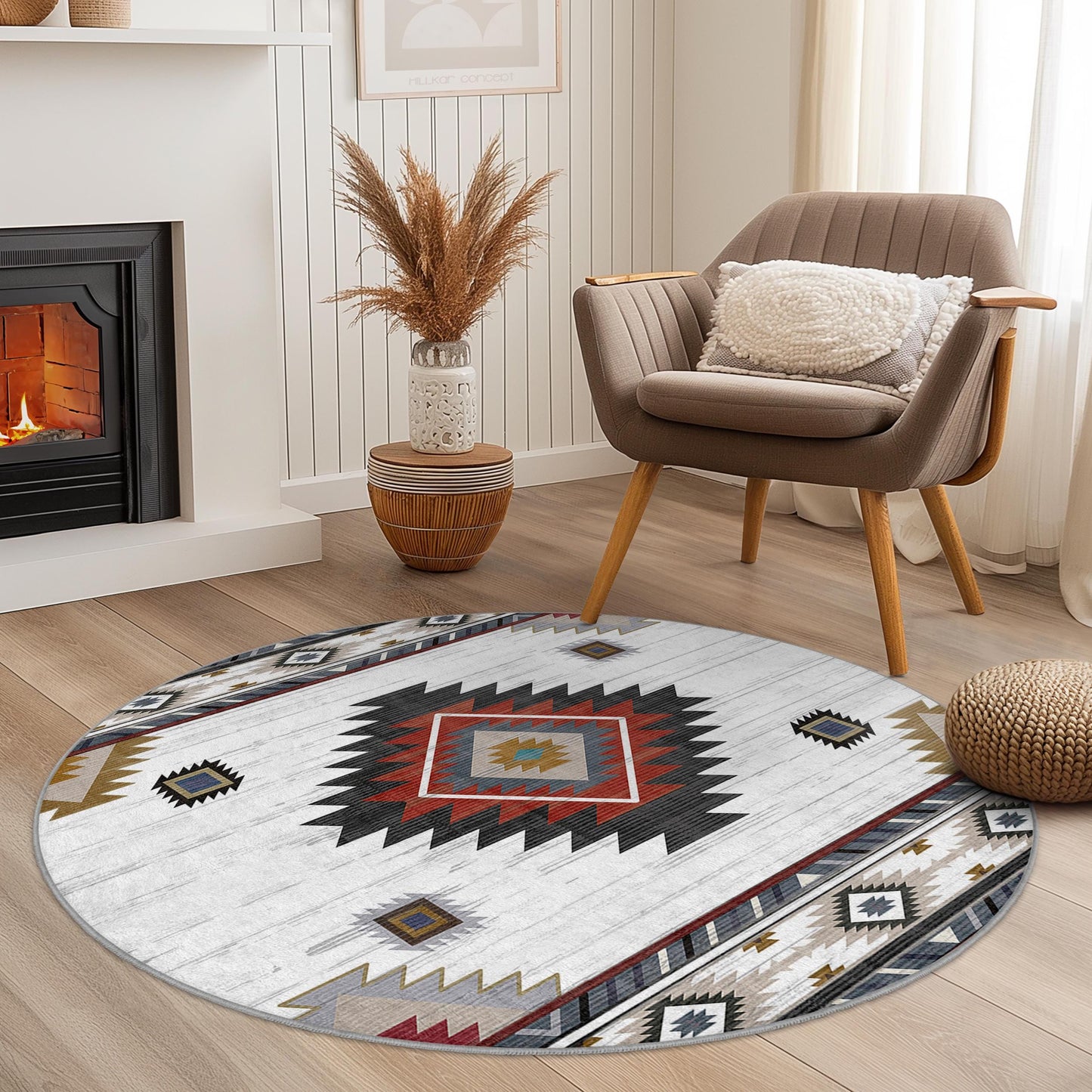 Geometrischer runder Boho-Teppich, moderner runder Teppich, stilvoller Wohnzimmerteppich, Schlafzimmerdeko, einzigartiger runder Teppich für Zuhause