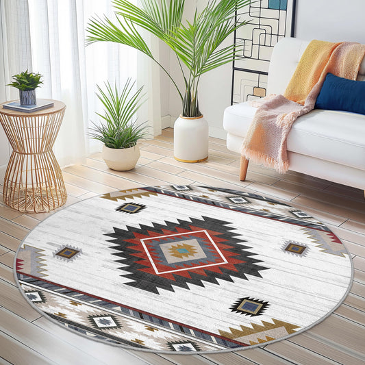 Geometric Boho Round Area Rug, Modern Circle Carpet, Stylish Living Room Rug, Bedroom Decor, Unique Round Rug for Home