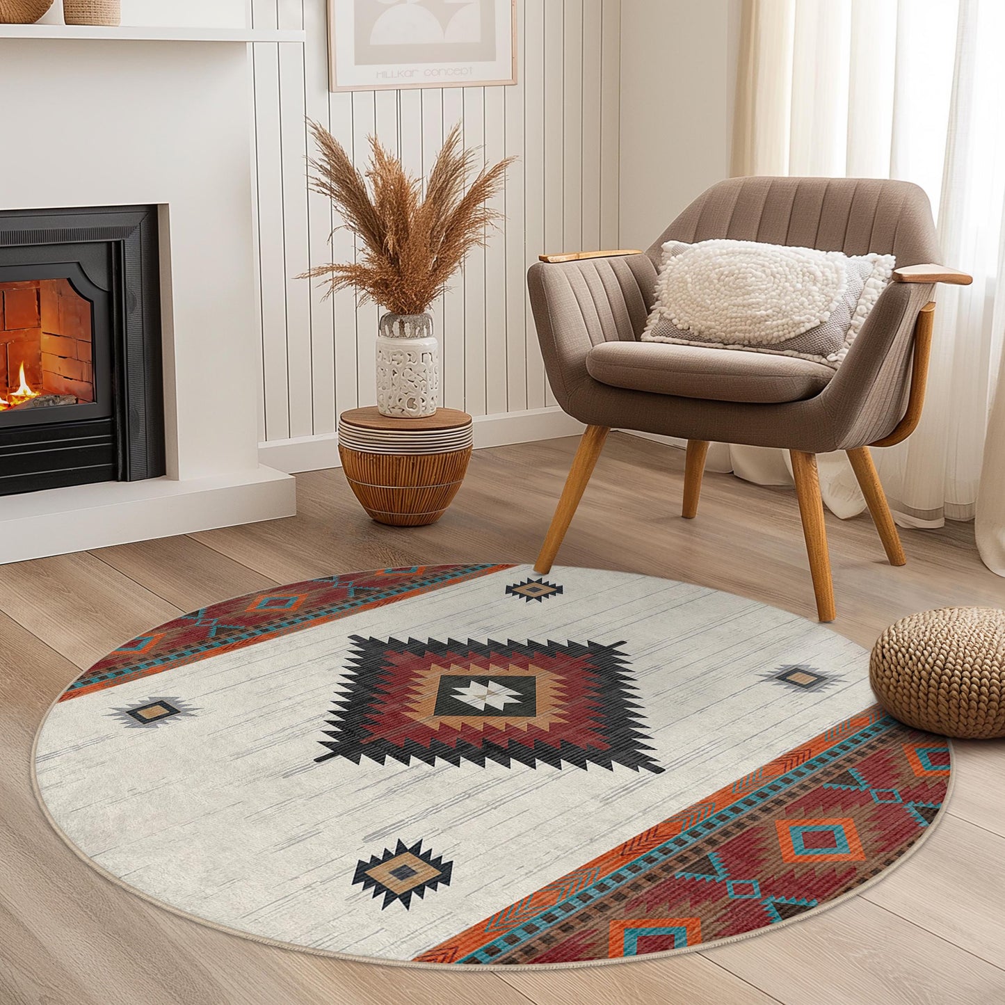 Geometrischer runder Teppich, runder Boho-Teppich, stilvolle Wohnzimmerdekoration, moderner runder Teppich, elegante Wohnaccessoires