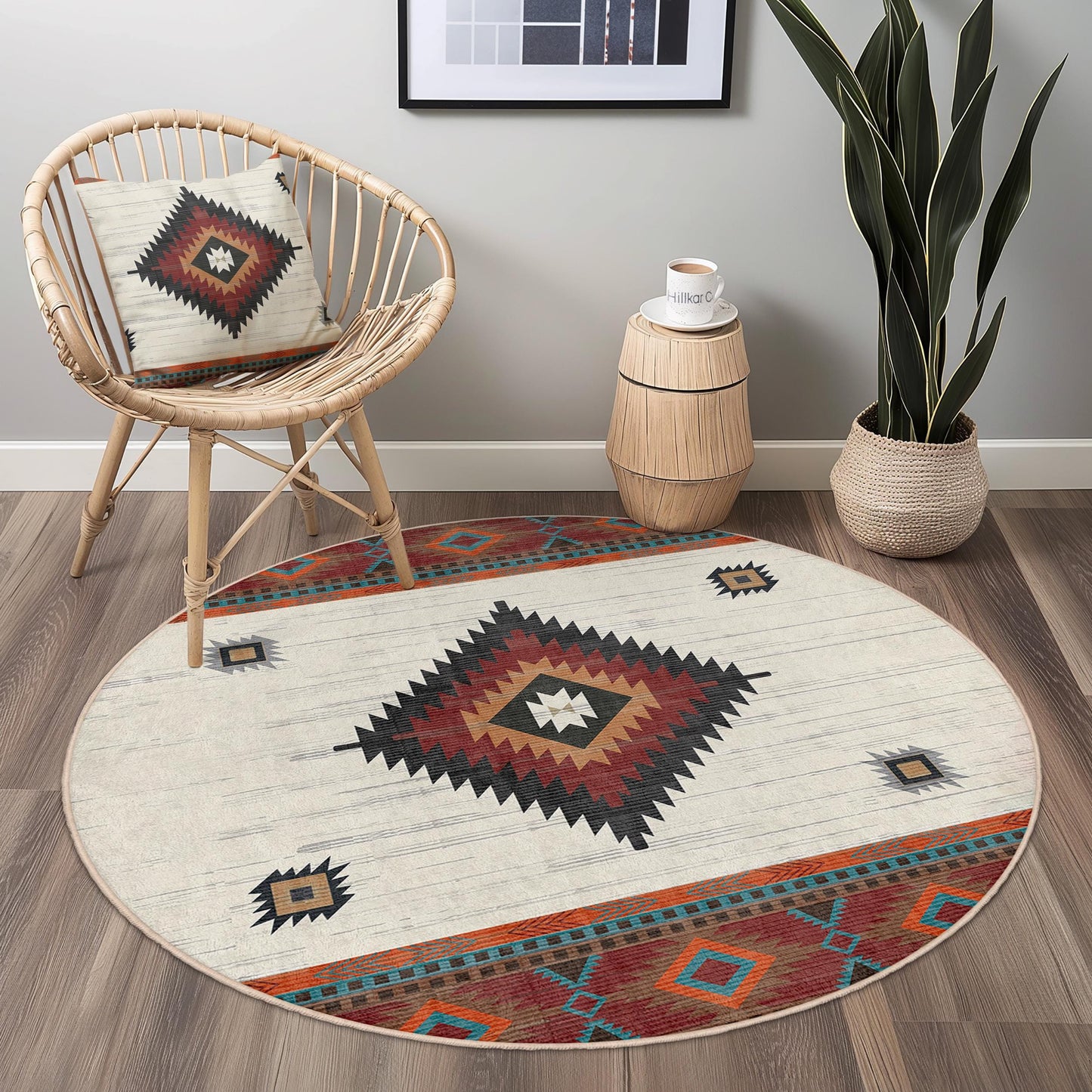 Geometrischer runder Teppich, runder Boho-Teppich, stilvolle Wohnzimmerdekoration, moderner runder Teppich, elegante Wohnaccessoires