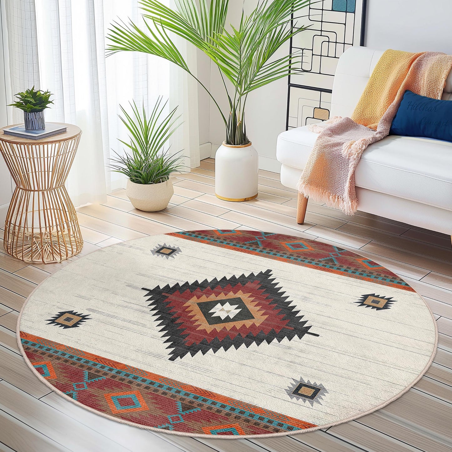 Geometrischer runder Teppich, runder Boho-Teppich, stilvolle Wohnzimmerdekoration, moderner runder Teppich, elegante Wohnaccessoires