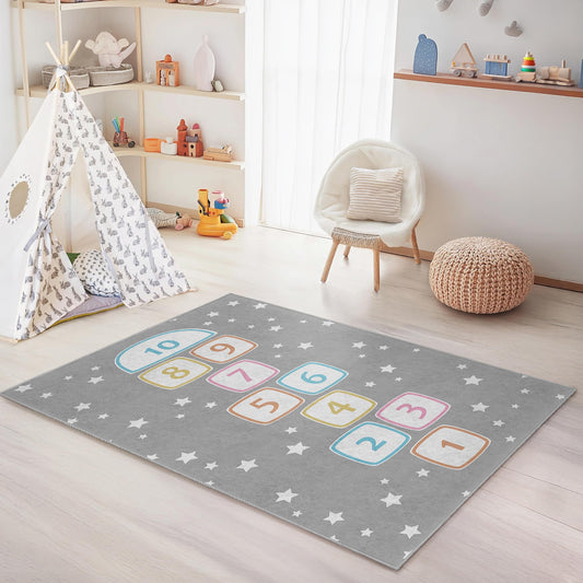 Hopscotch Pattern Kid's Rectangular Rug, Playroom Decor, Soft Carpet for Children's Room, Fun Educational Mat, Nursery Rug