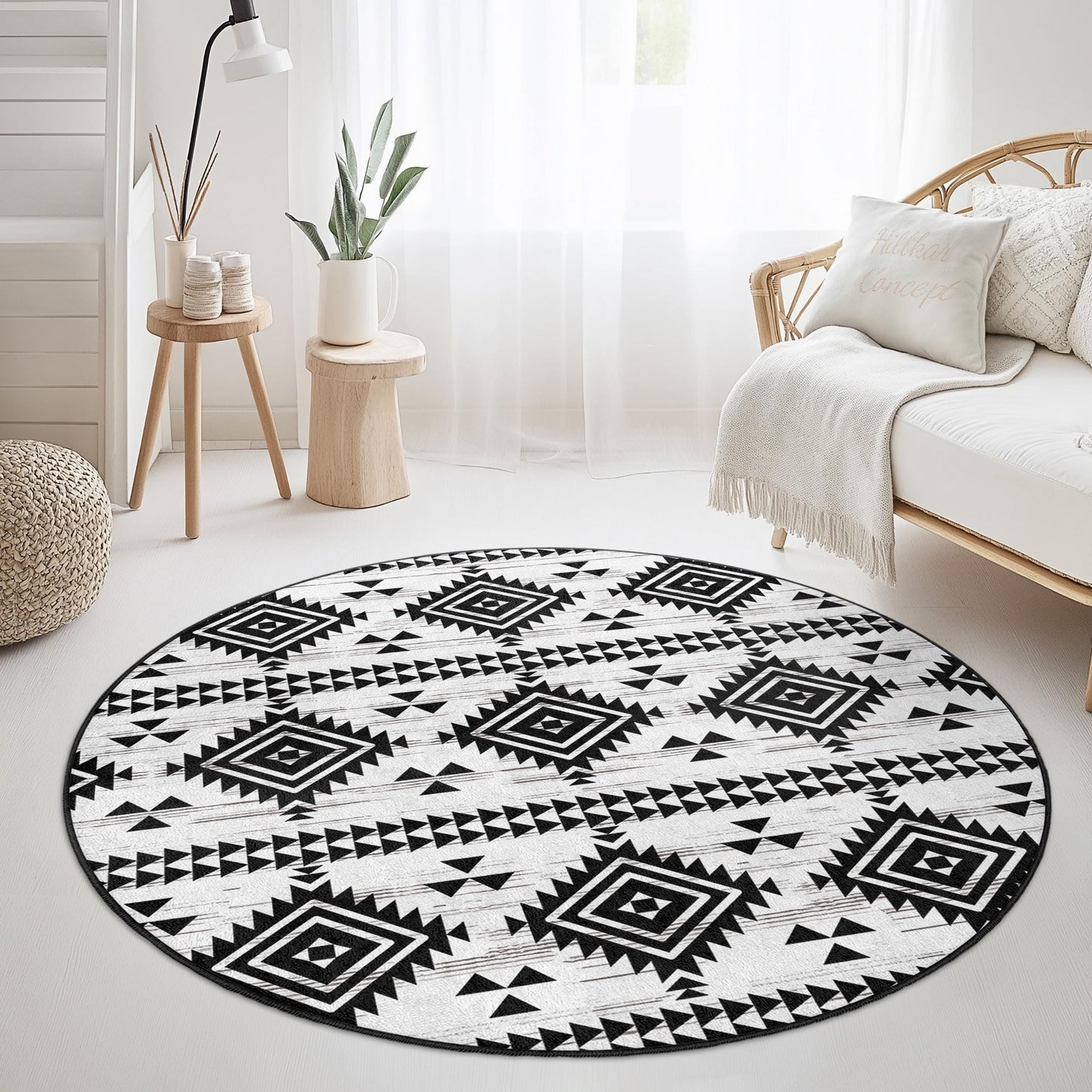 Runder Teppich mit geometrischem Ethno-Muster, schwarz-weißer runder Teppich, modernes Boho-Dekor, Wohnzimmer- oder Schlafzimmerteppich