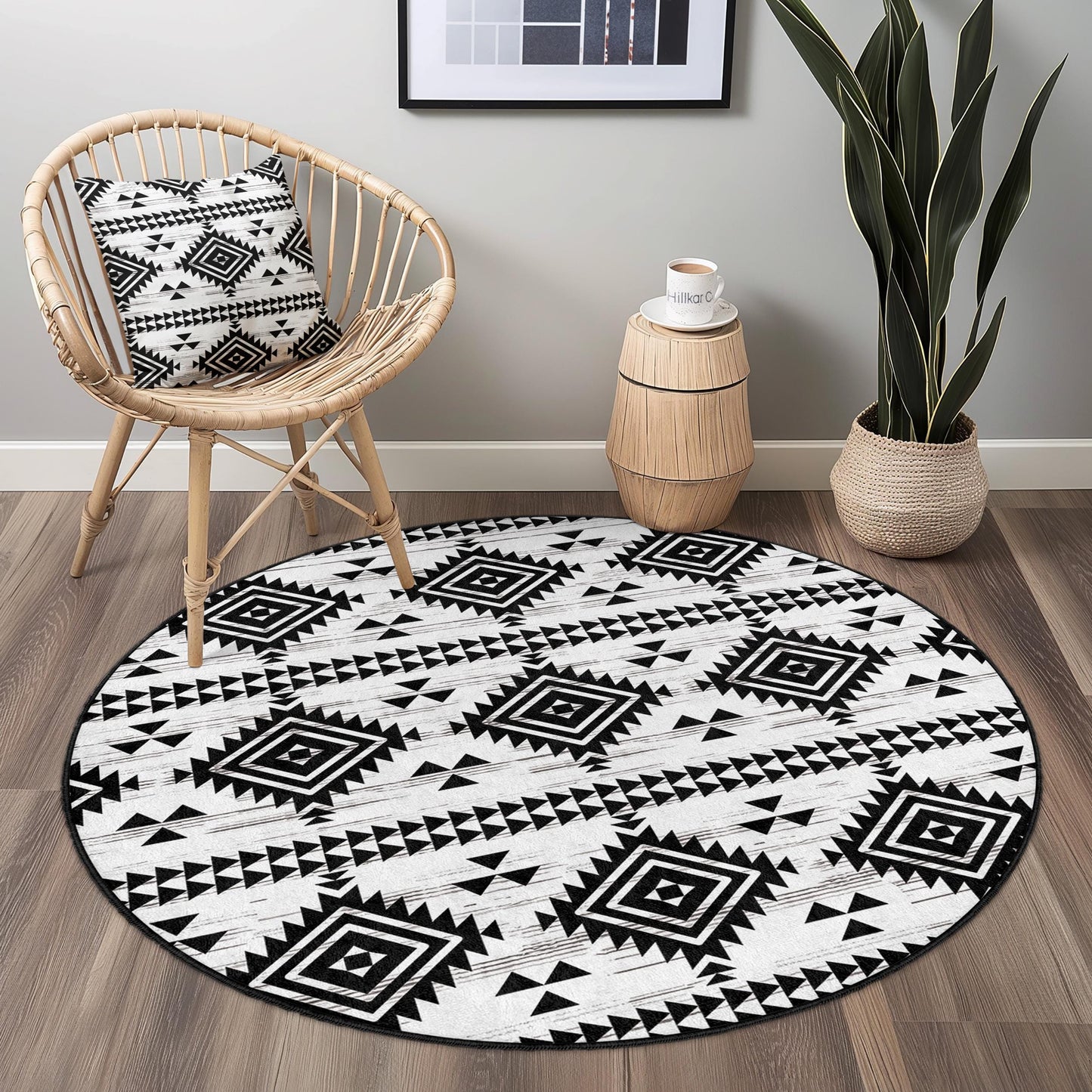 Runder Teppich mit geometrischem Ethno-Muster, schwarz-weißer runder Teppich, modernes Boho-Dekor, Wohnzimmer- oder Schlafzimmerteppich