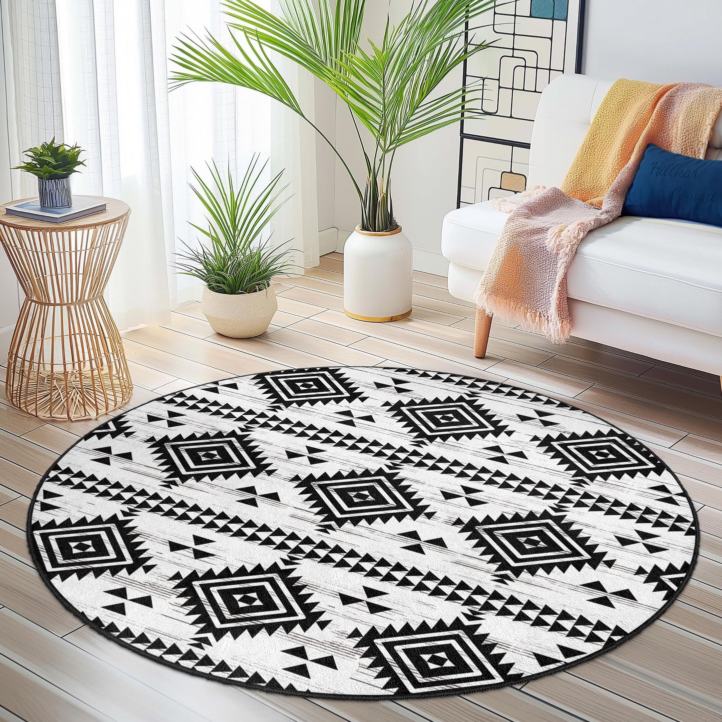 Runder Teppich mit geometrischem Ethno-Muster, schwarz-weißer runder Teppich, modernes Boho-Dekor, Wohnzimmer- oder Schlafzimmerteppich