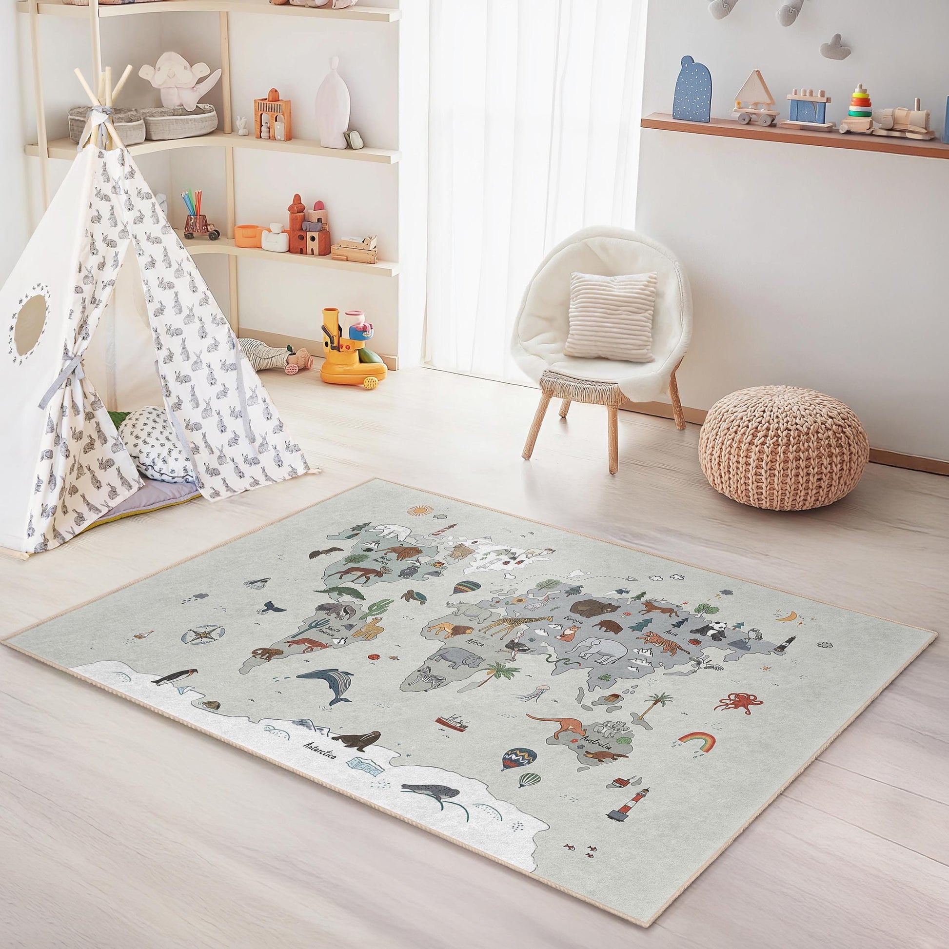 Adventure Map Animal Theme Kids Rug, Turkey Map Kids Rug, Playroom Decor, Soft Rectangular Carpet for Children, Nursery Rug