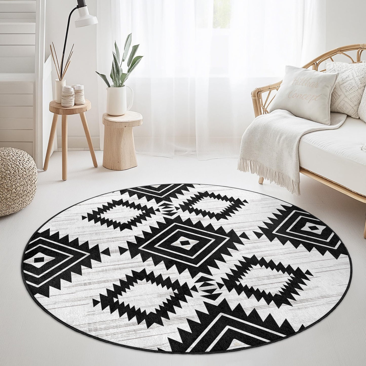 Geometrischer runder Teppich in Schwarz-Weiß, moderner Boho-Kreisteppich, stilvolle Wohndekoration, weicher Wohnzimmerteppich, einzigartiger Schlafzimmerteppich