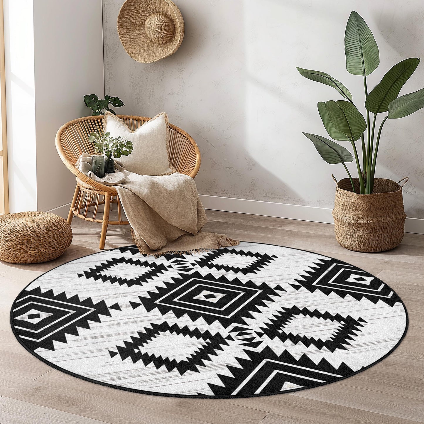 Geometrischer runder Teppich in Schwarz-Weiß, moderner Boho-Kreisteppich, stilvolle Wohndekoration, weicher Wohnzimmerteppich, einzigartiger Schlafzimmerteppich