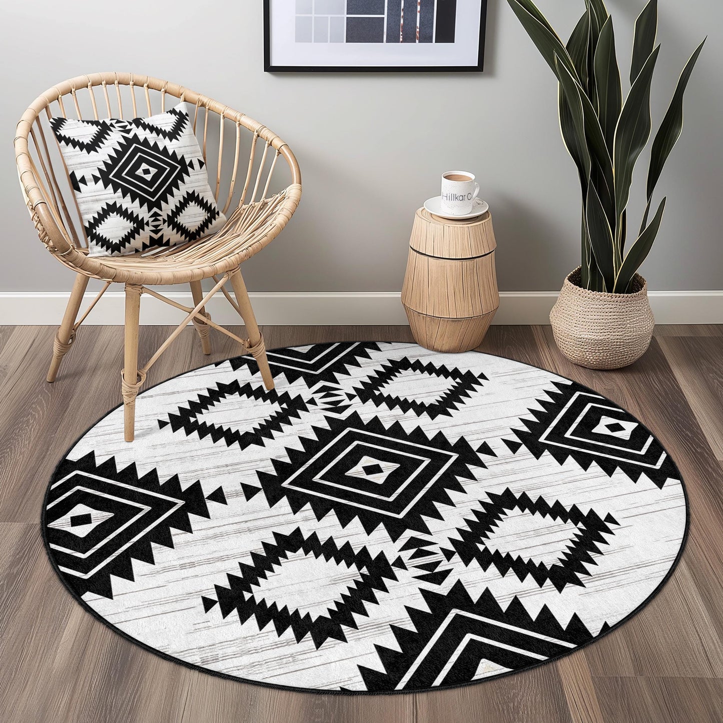 Geometrischer runder Teppich in Schwarz-Weiß, moderner Boho-Kreisteppich, stilvolle Wohndekoration, weicher Wohnzimmerteppich, einzigartiger Schlafzimmerteppich