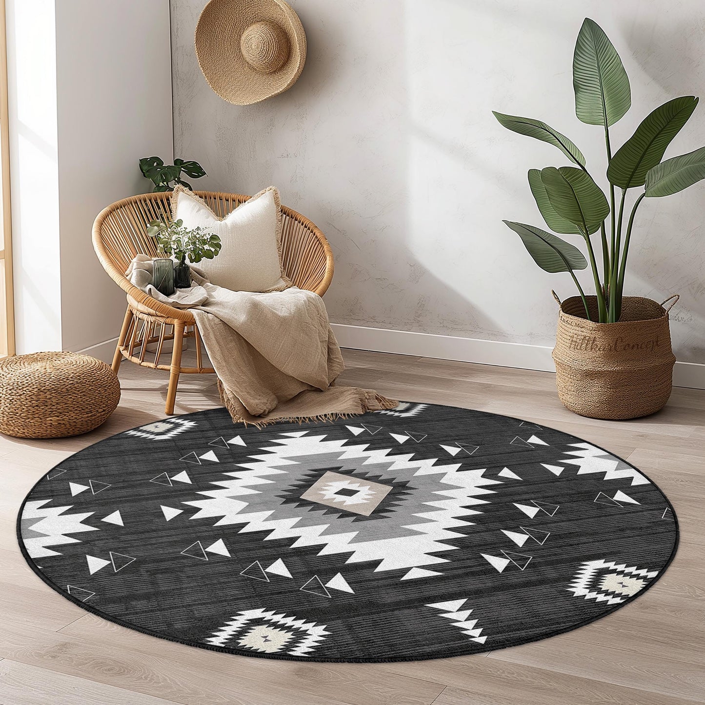 Geometrischer runder Teppich in Schwarz-Weiß, moderner Boho-Kreisteppich, stilvolle Wohnzimmerdekoration, einzigartiger runder Teppich für Zuhause