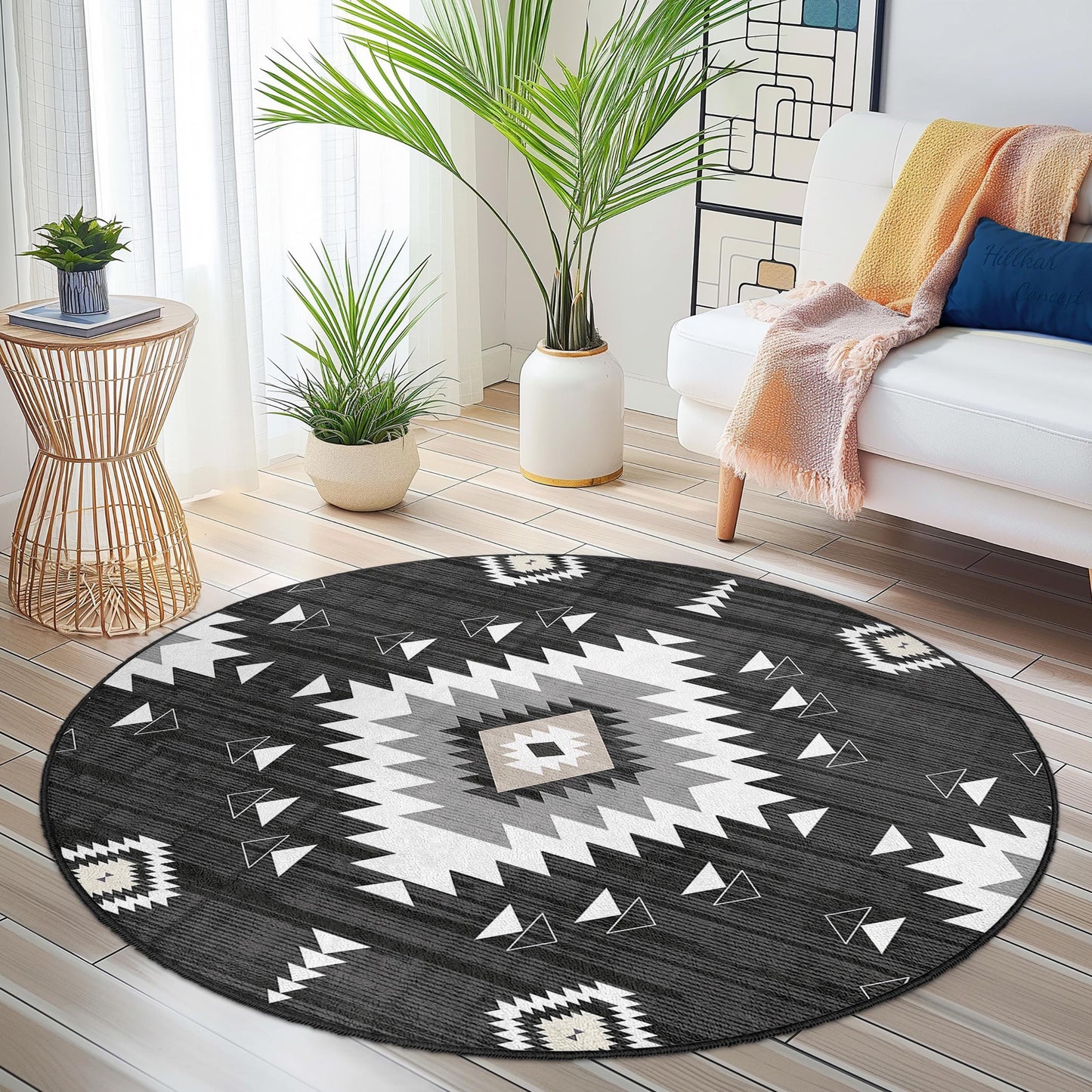 Geometrischer runder Teppich in Schwarz-Weiß, moderner Boho-Kreisteppich, stilvolle Wohnzimmerdekoration, einzigartiger runder Teppich für Zuhause