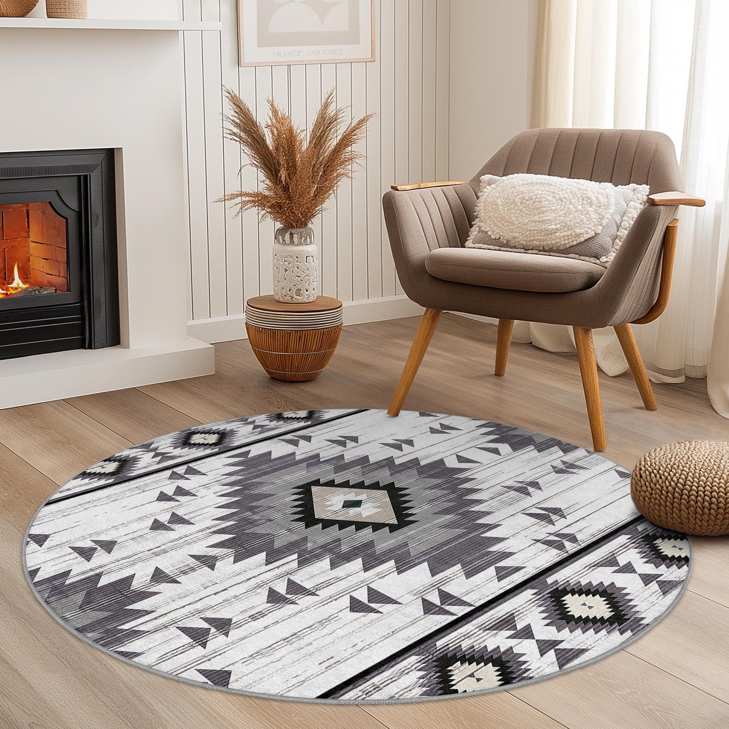 Geometrischer runder Boho-Teppich, moderner runder Teppich fürs Wohnzimmer, stilvoller runder Teppich, weicher runder Teppich, Wohnaccessoires im Bohème-Stil