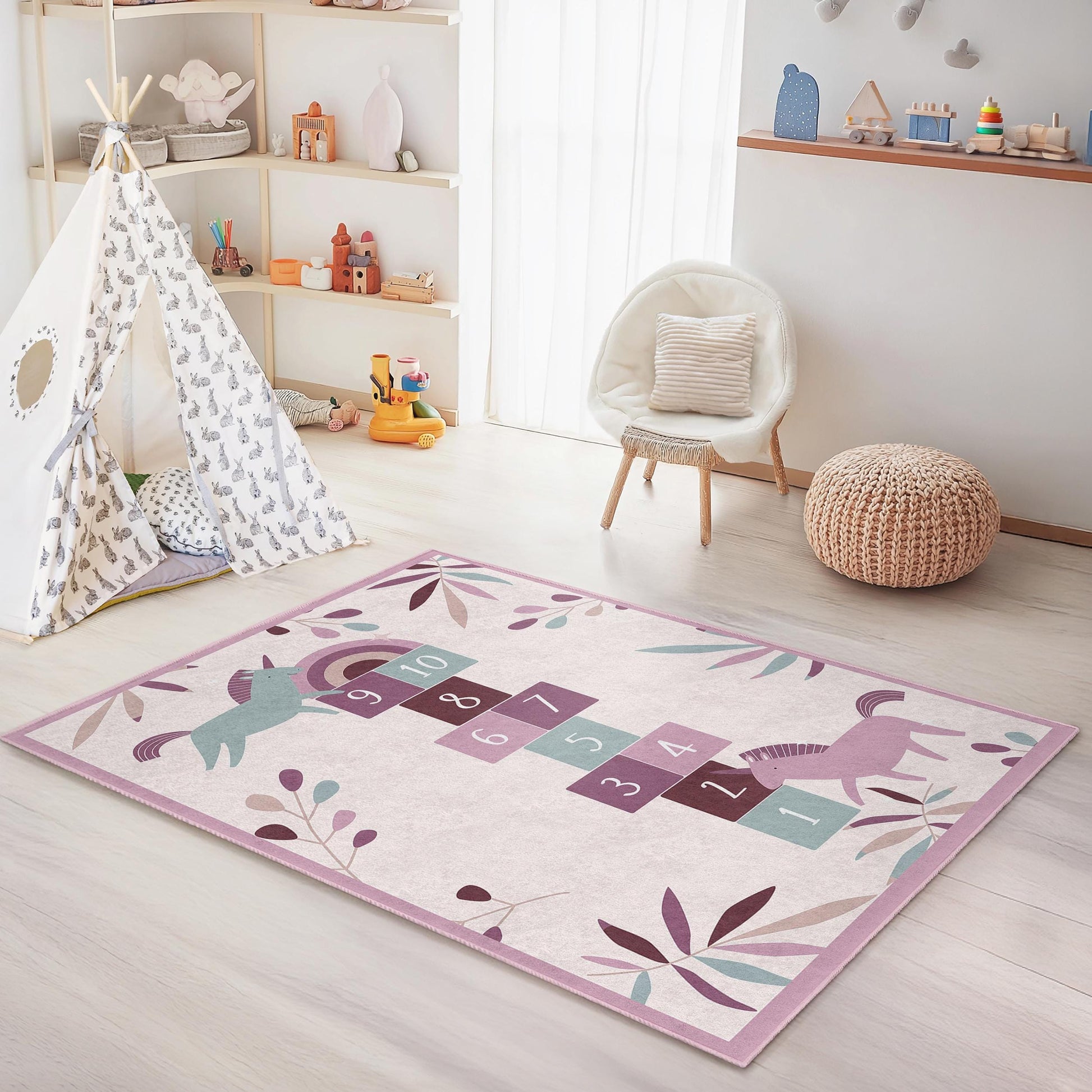 Unicorn Hopscotch Play Rug, Kids Room Carpet, Rectangle Unicorn Rug, Playroom Decor, Soft Nursery Mat, Children's Play Rug