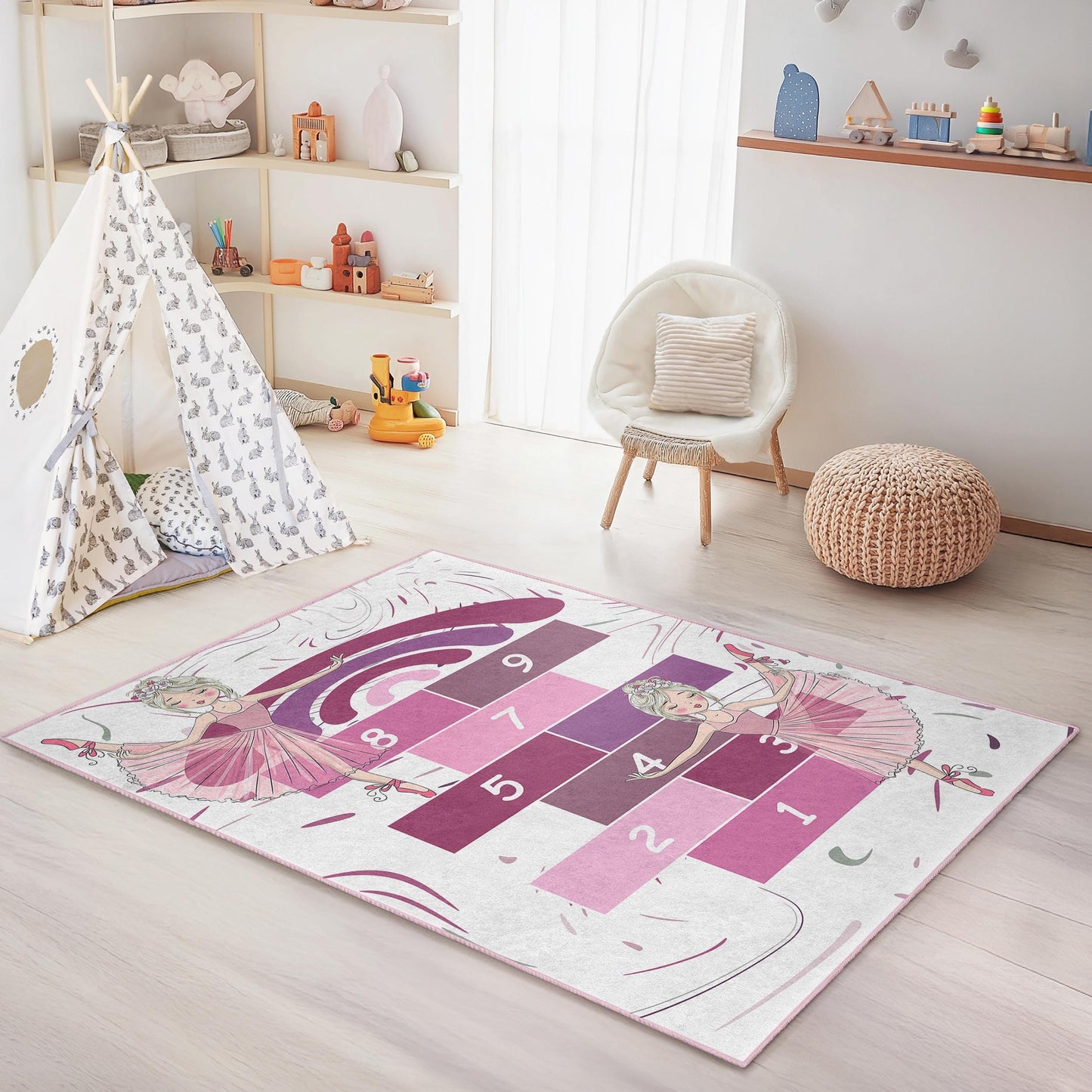 Hüpfspielteppich mit Ballettmotiven, rosa Spielteppich für Kinder, rechteckiger Kinderteppich, Kinderzimmerdekoration, weiche Spielmatte für Mädchen
