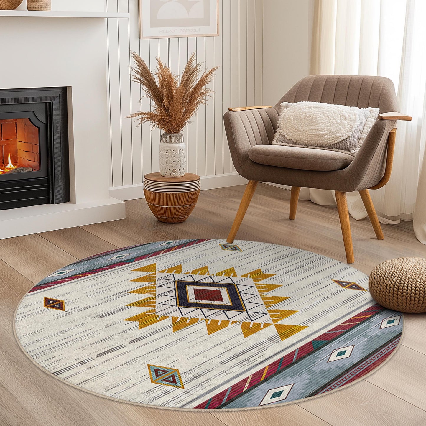 Geometrischer runder Teppich im Bohème-Stil, weicher runder Teppich für das Wohnzimmer, modernes Dekor, stilvoller runder Teppich, Boho-Chic-Fußmatte