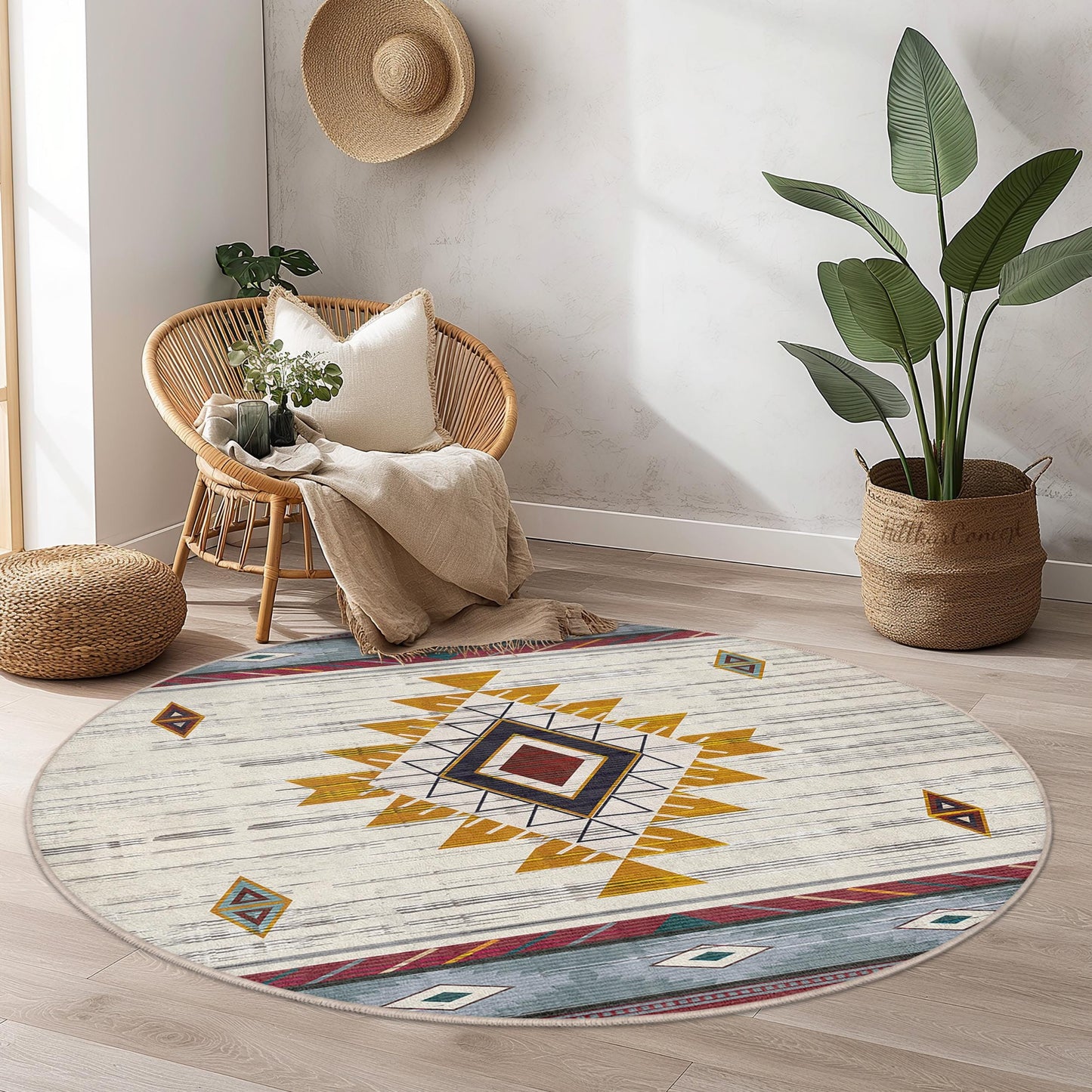 Geometrischer runder Teppich im Bohème-Stil, weicher runder Teppich für das Wohnzimmer, modernes Dekor, stilvoller runder Teppich, Boho-Chic-Fußmatte