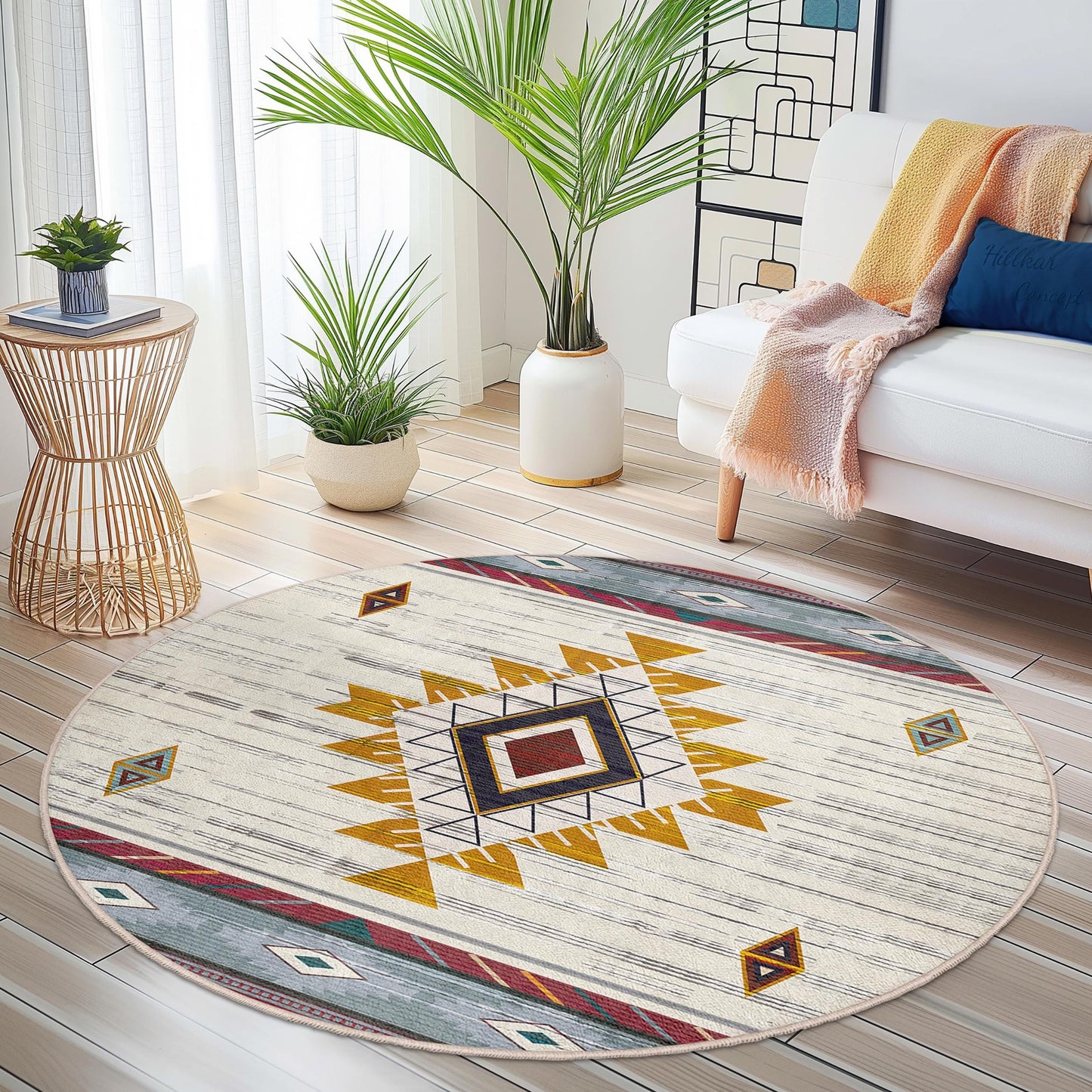Geometrischer runder Teppich im Bohème-Stil, weicher runder Teppich für das Wohnzimmer, modernes Dekor, stilvoller runder Teppich, Boho-Chic-Fußmatte